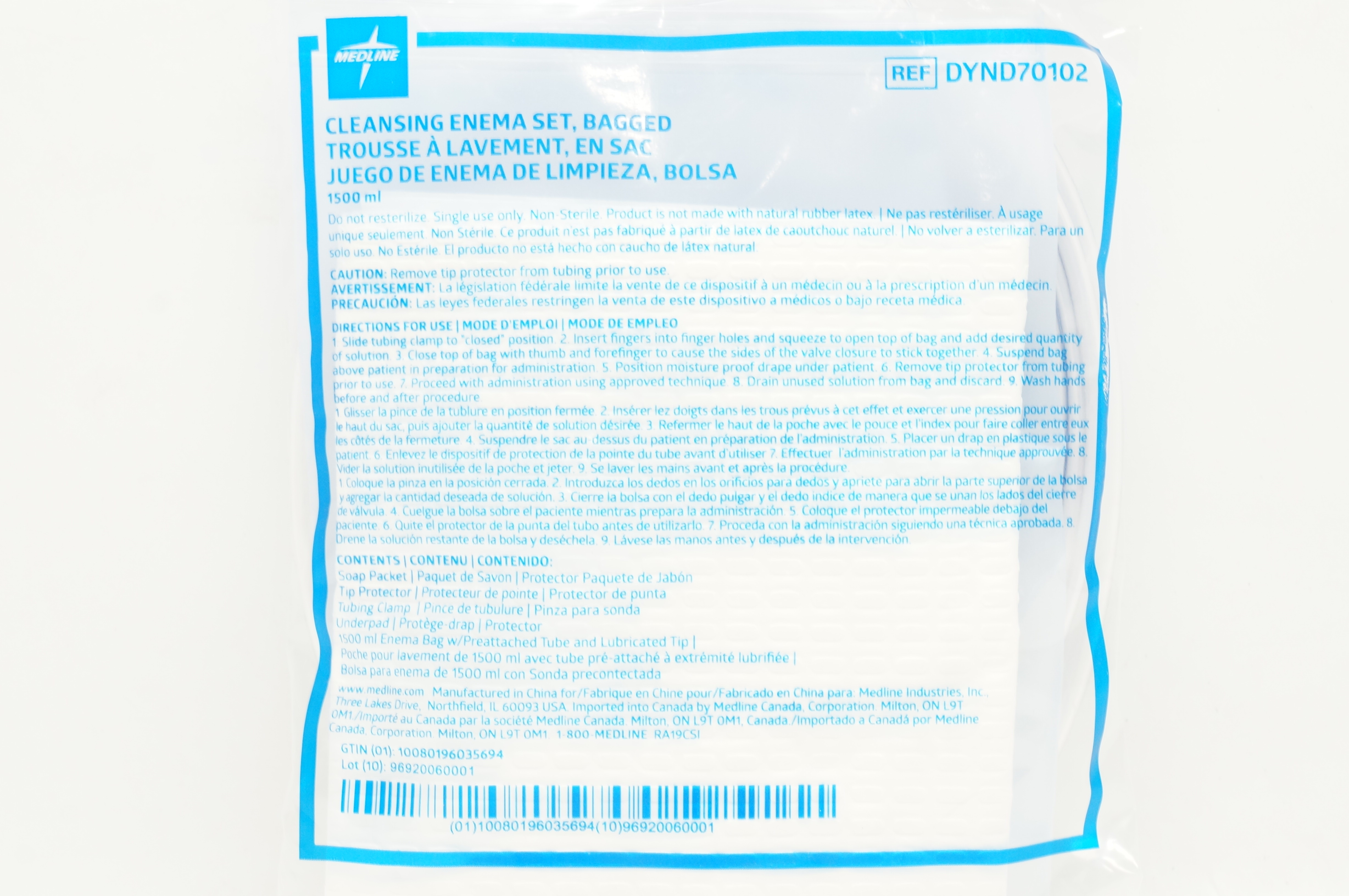 Medline DYND70102 Cleansing Enema Set, Bagged 1500ml