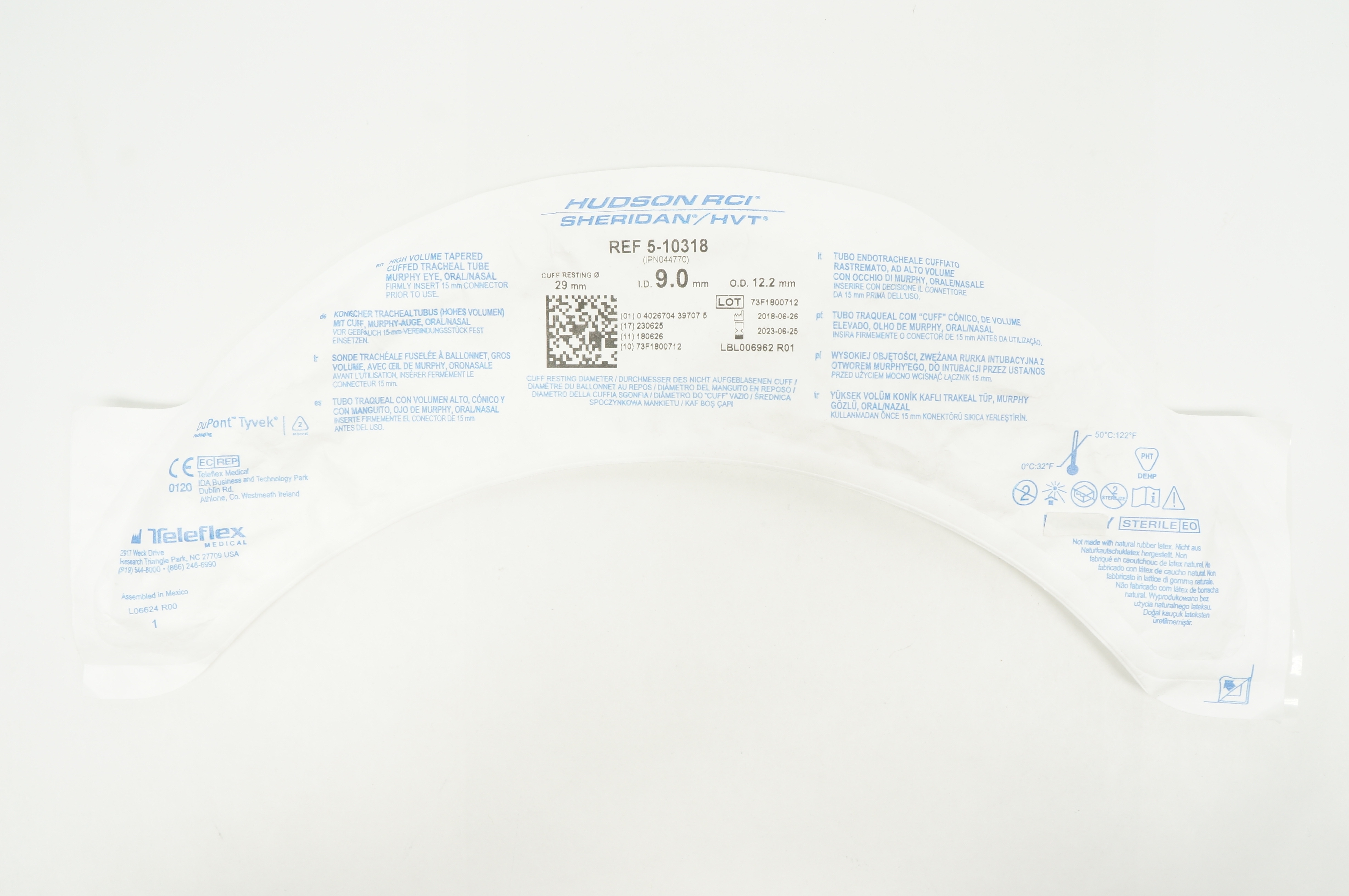 Teleflex 5-10318 Hudson RCI Sheridan HVT Cuffed Tracheal Tube 9.0 x 12.2 x 29mm
