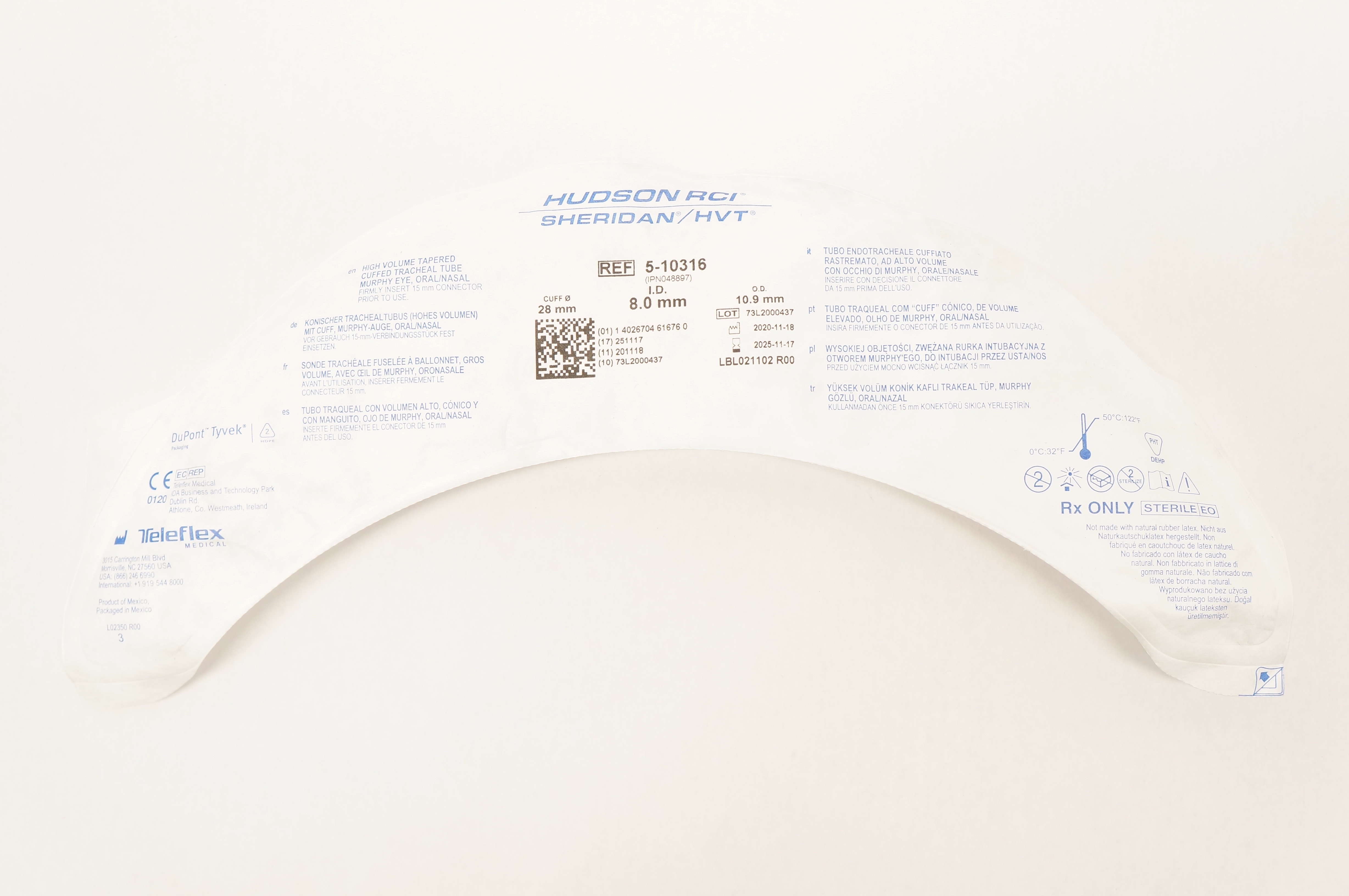 Teleflex 5-10316 Hudson RCI Sheridan HVT Cuffed Tracheal Tube 8.0 x 10.9 x 28mm
