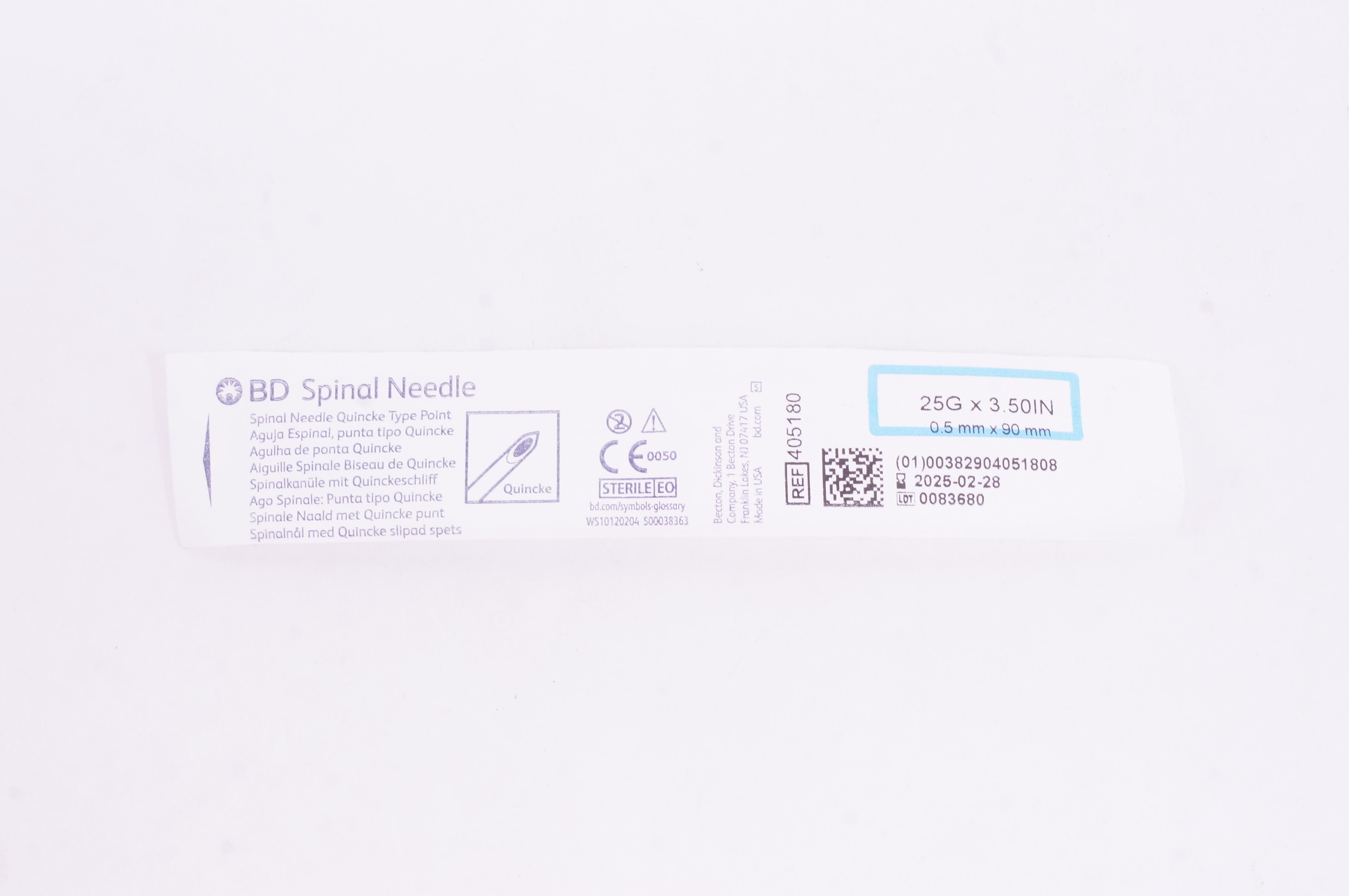 BD 405180 Spinal Ndle Quincke Type Point 25G x 3.50inch