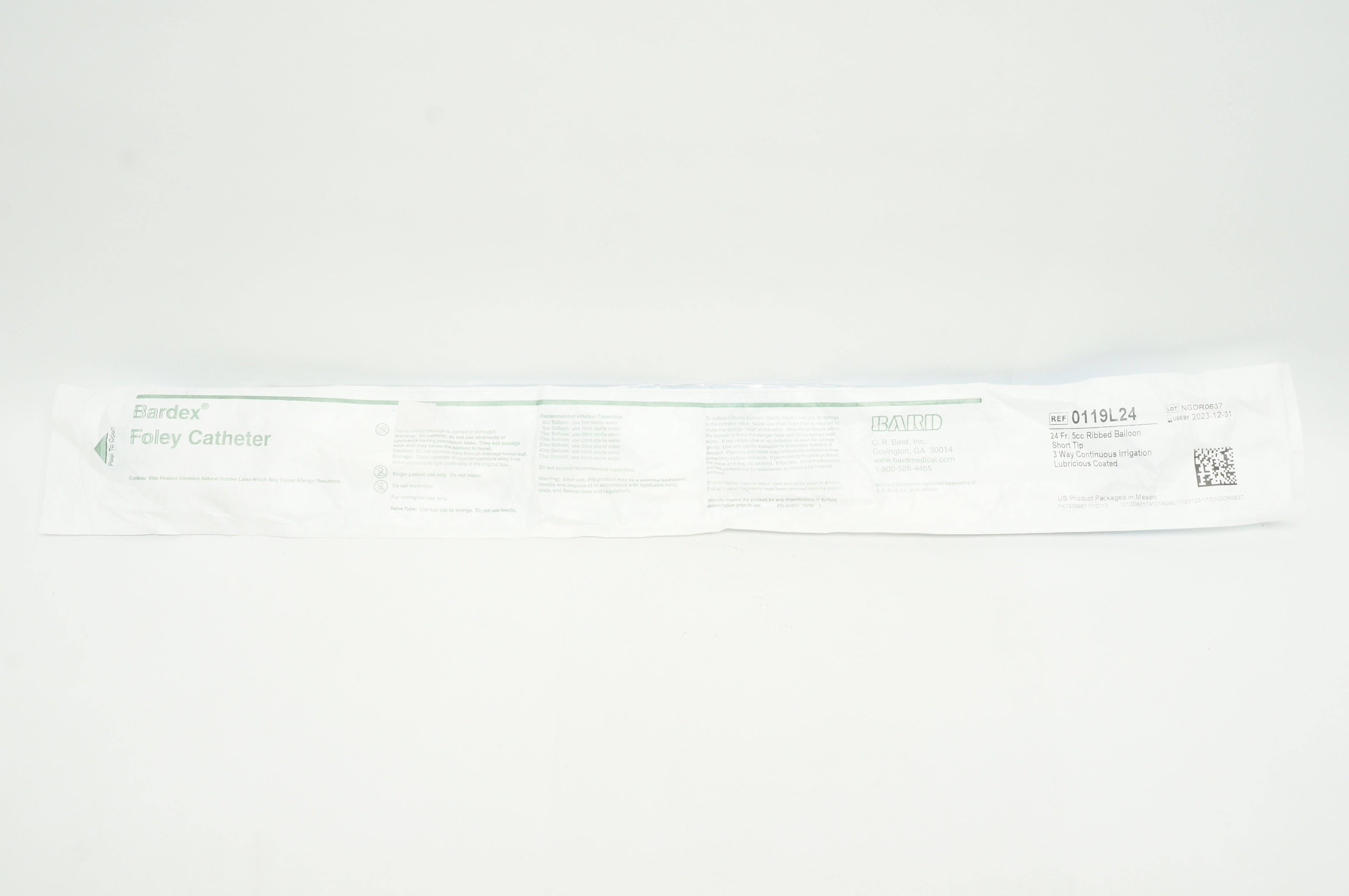 Bard 0119L24 Bardex Foley Cath 3-Way Short Tip Ribbed Balloon 24Fr. 5cc