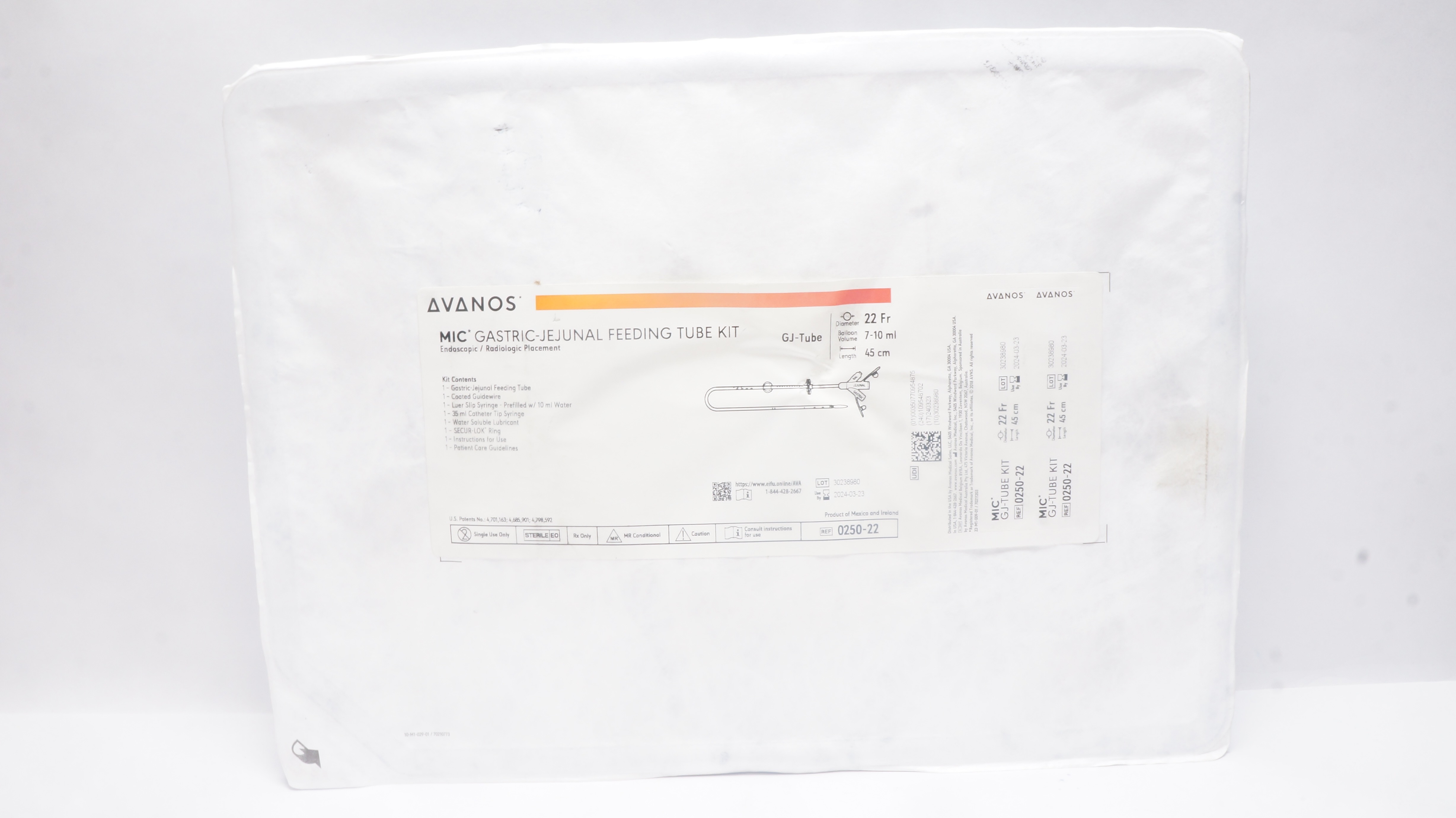 Avanos 0250-22 MIC Gastric-Jejunal Feeding Tube Kit 22Fr x 7-10mL x 45cm