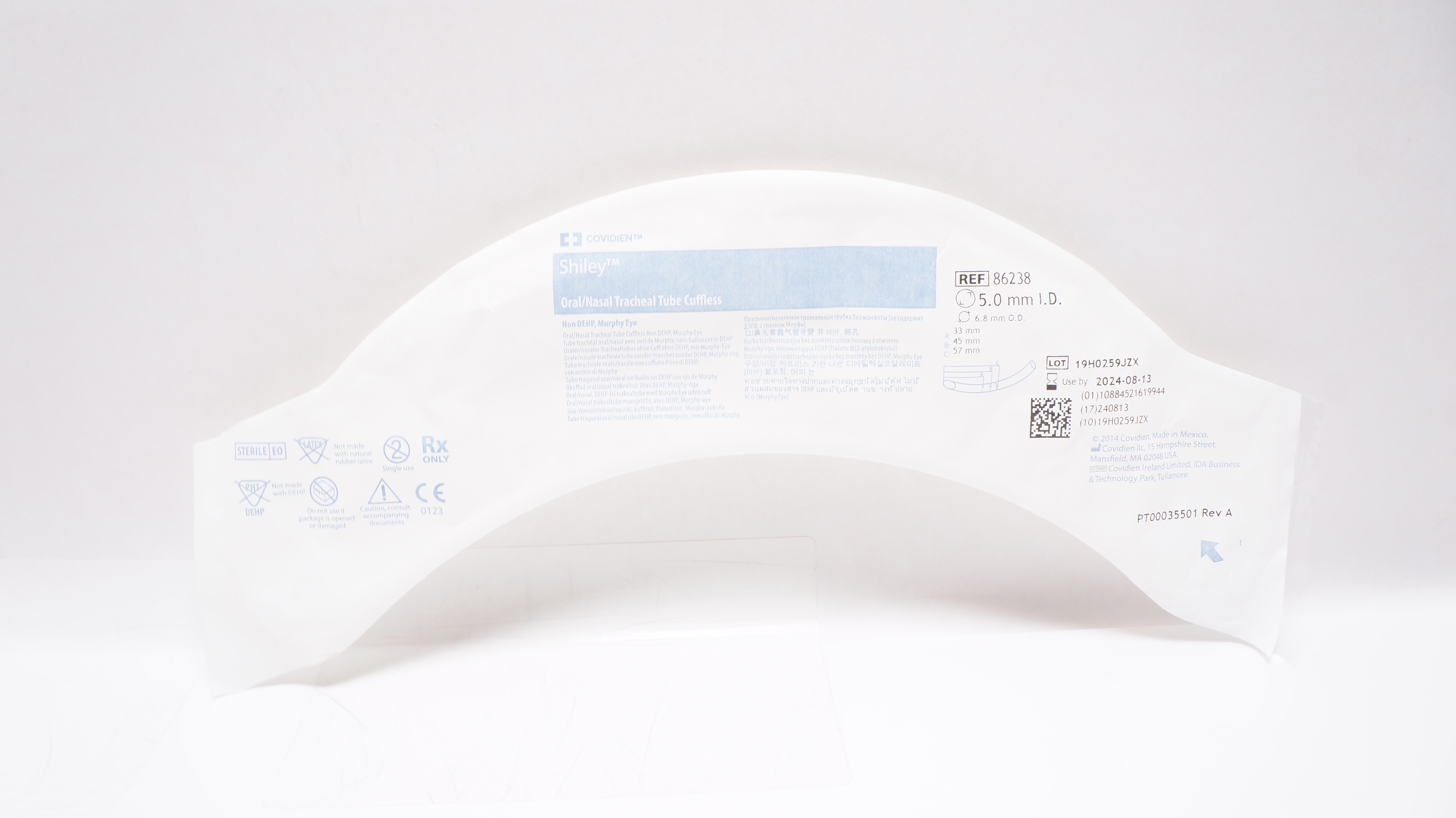 Covidien 86238 Shiley Oral/Nasal Tracheal Tube Cuffless 5.0mm ID x 6.8mm OD