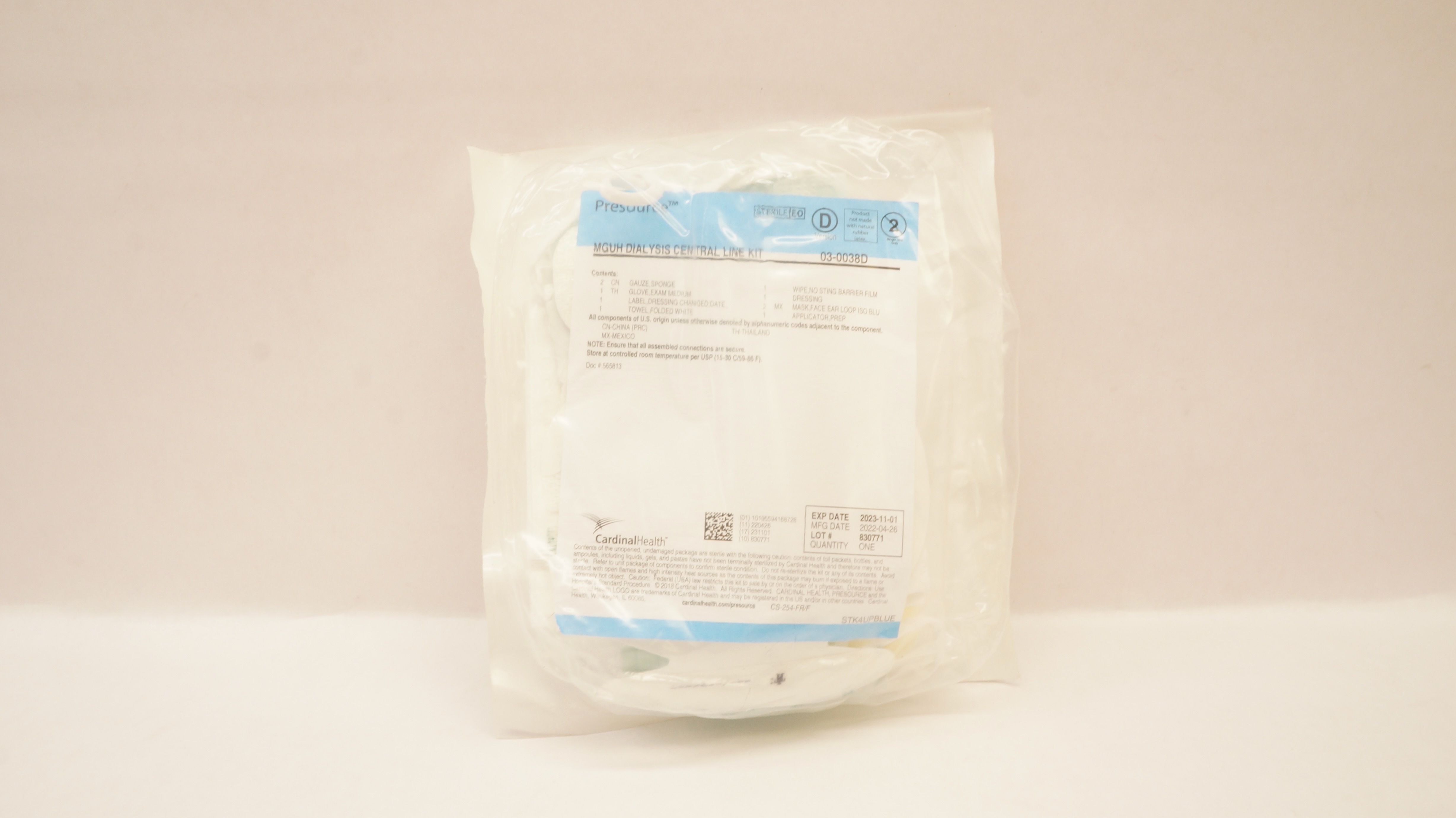 Cardinal Health 03-0038D Presourse MGUH Dialysis Central Line Kit