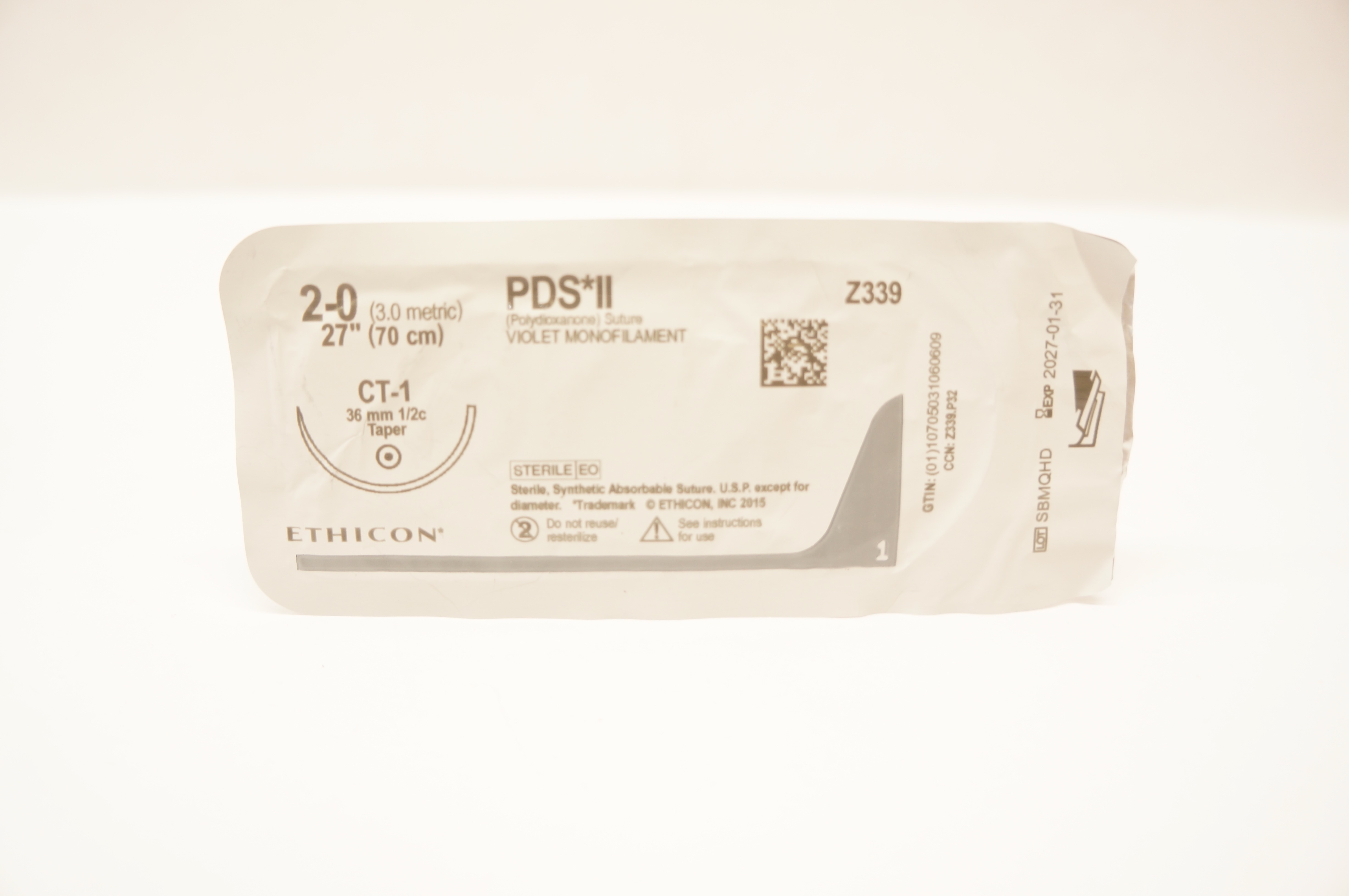 Ethicon Z339 2-0 PDS II Polydioxanone Stre CT-1 36mm 1/2c Taper, 27inch