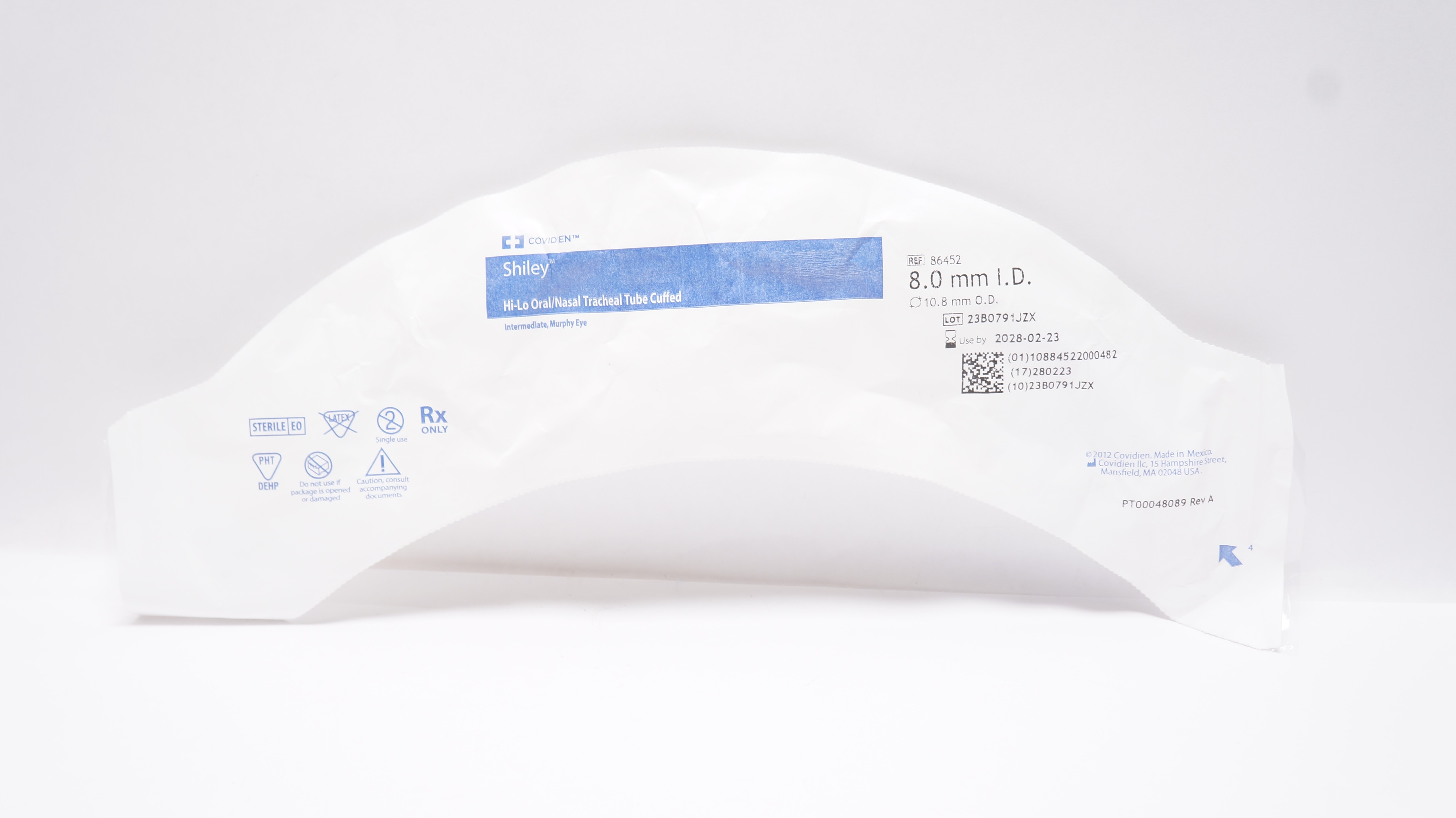 Covidien 86452 Shiley Hi-Lo Oral/Nasal Tracheal Tube Cuffed 8.0mm ID x 10.8mm OD