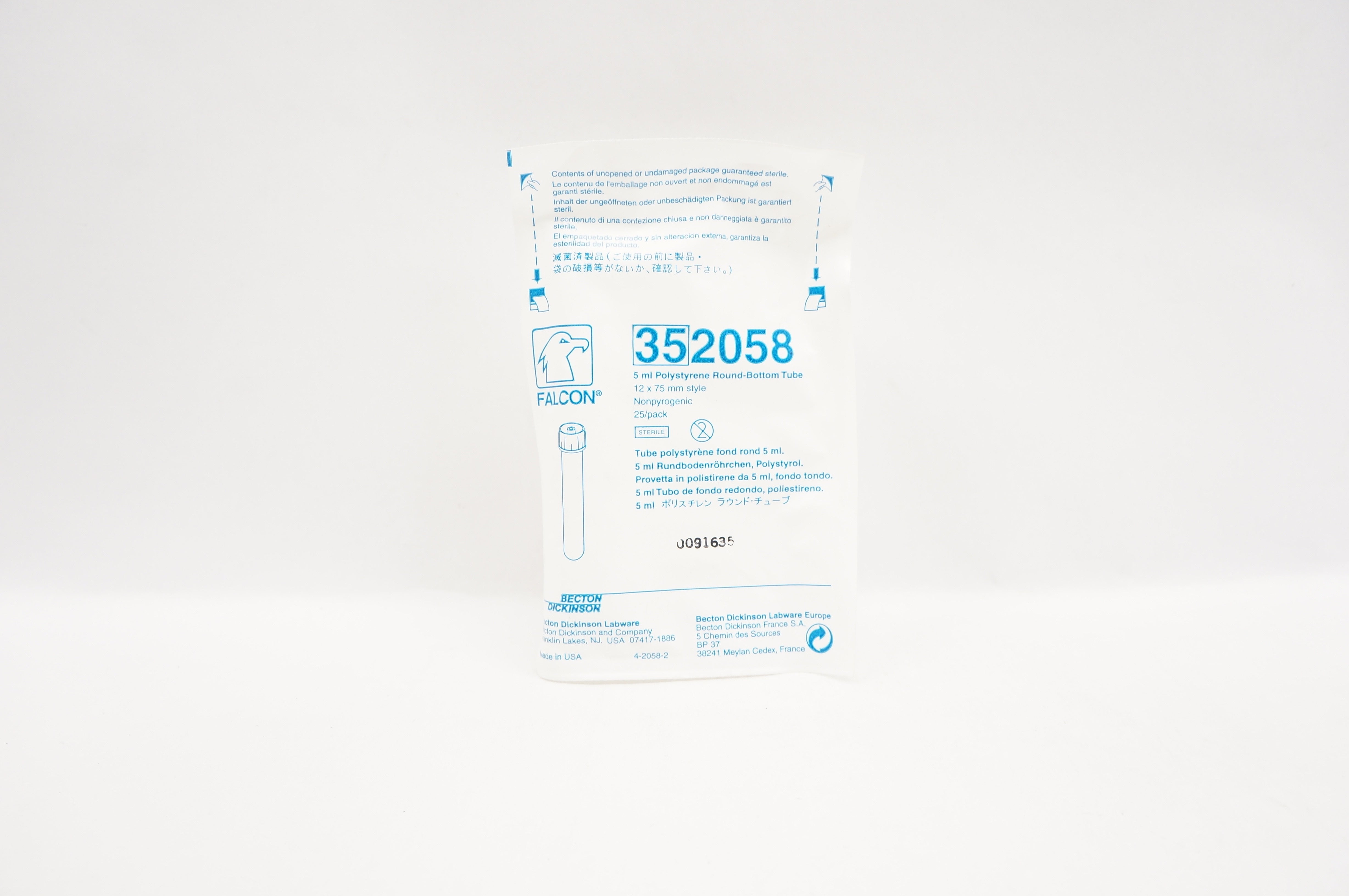 BD 352058 Falcon 5ml Polystyrene Round-Bottom Tube 12mmx 75mm - Pack of 25