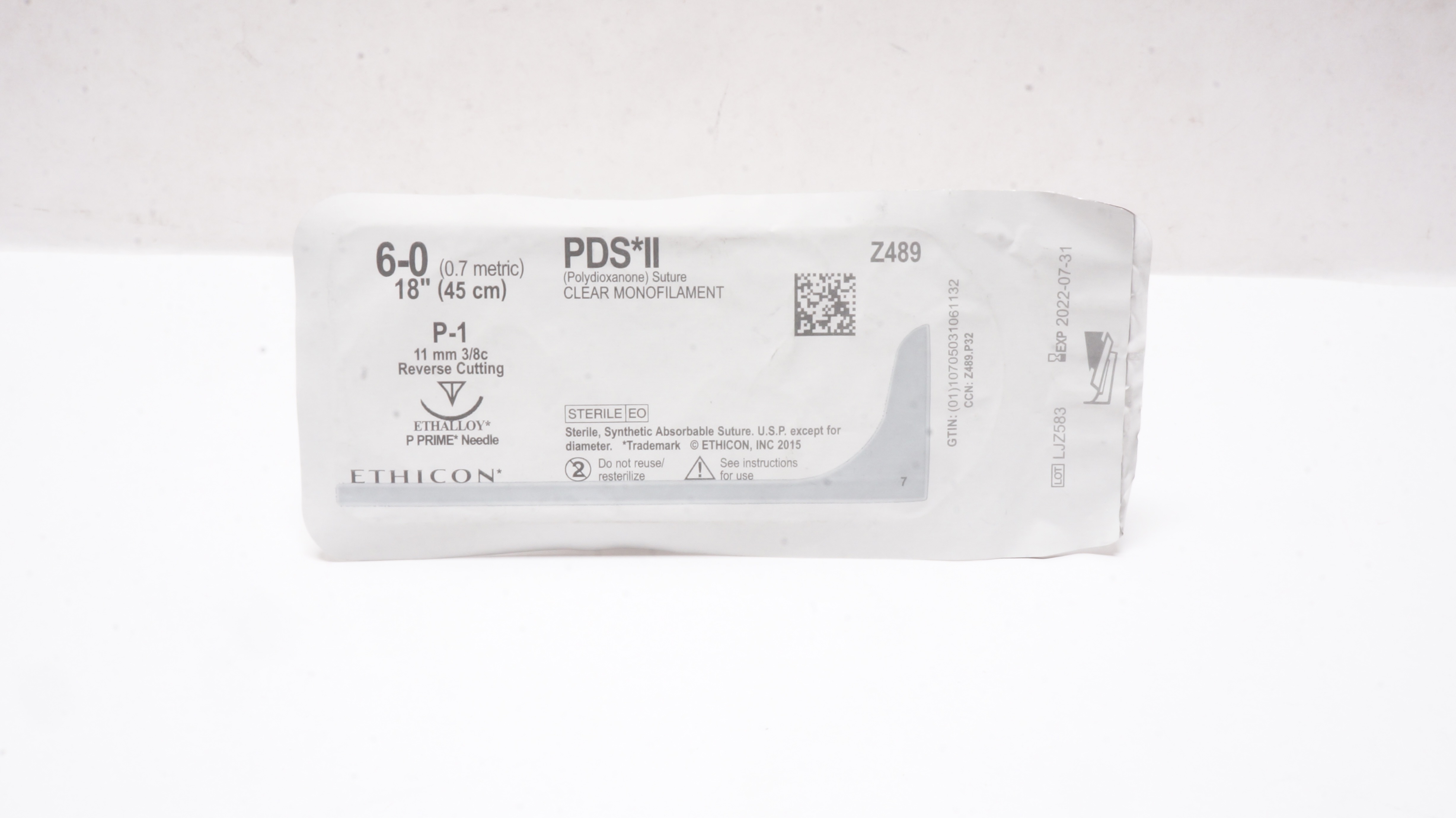 Ethicon Z489 6-0 PDS II CLEAR MONOFILAMENT P-1 11mm 3/8c Reverse Cutting 18in(x)