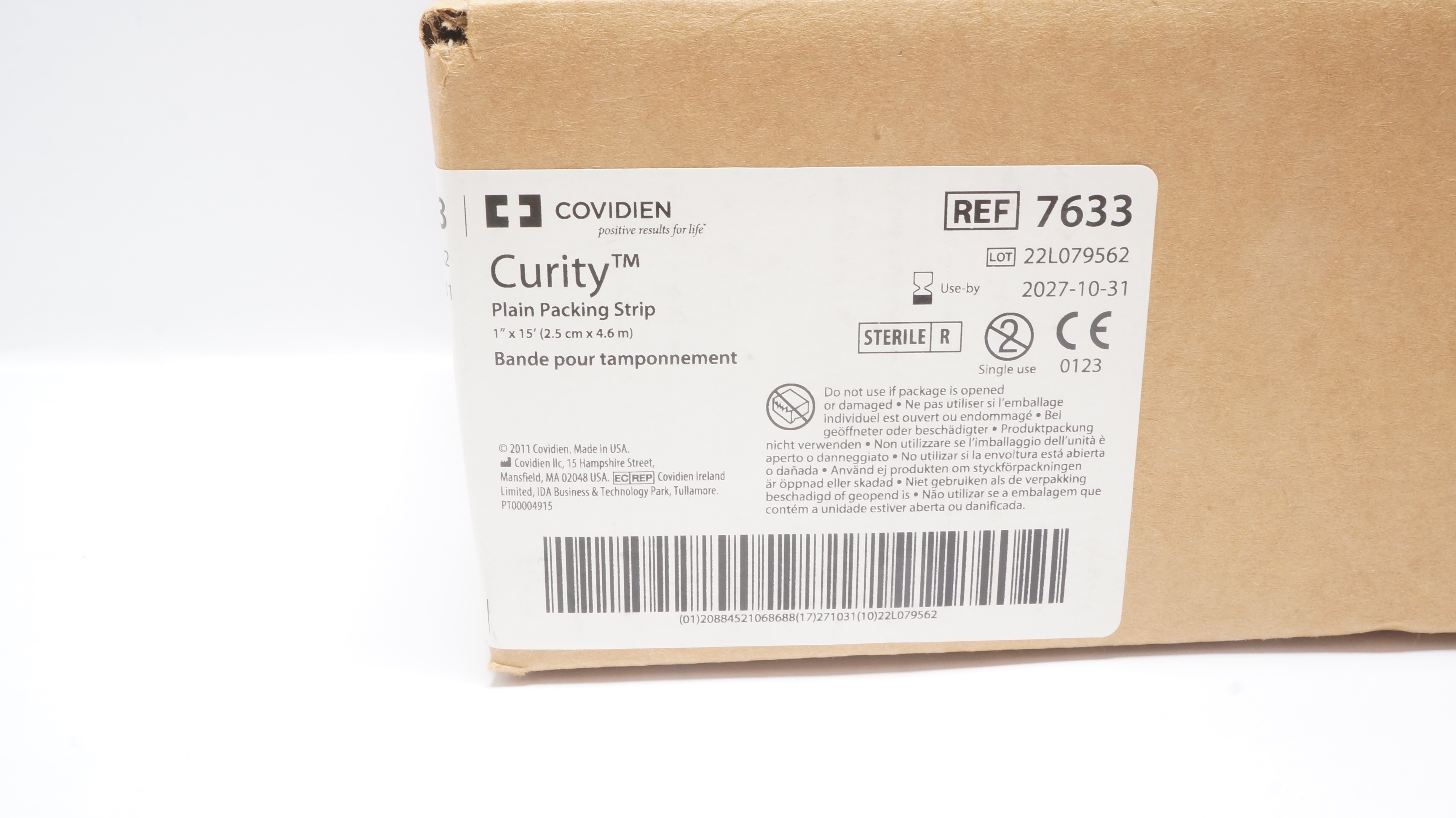 Covidien 7633 Curity Plain Packing Strip 1inch x 15Ft - Box of 12