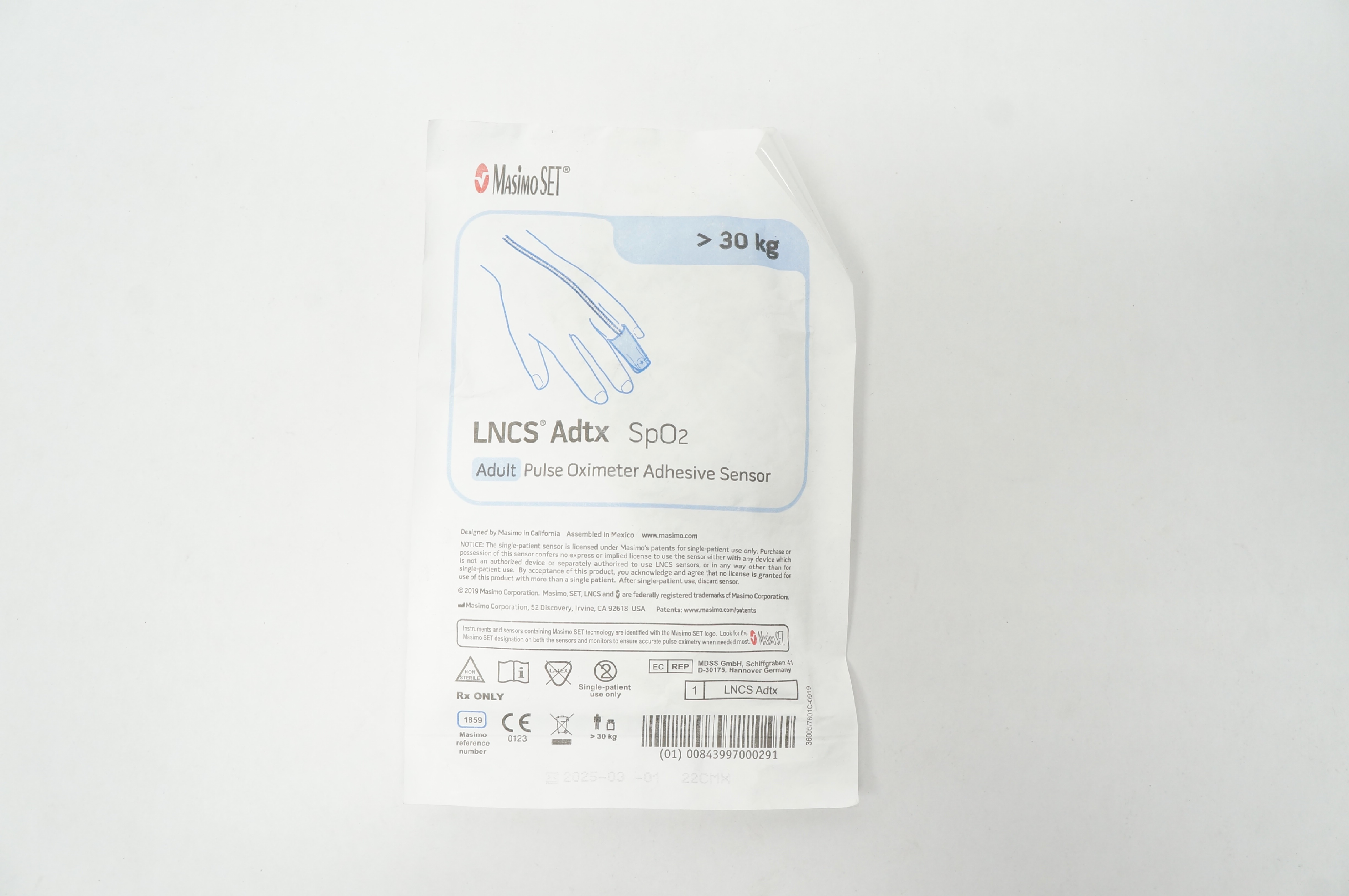 MasimoSet 1859 LNCS Adtx SpO2 Adult Pulse Oximeter Adhesive Sensor >30kg