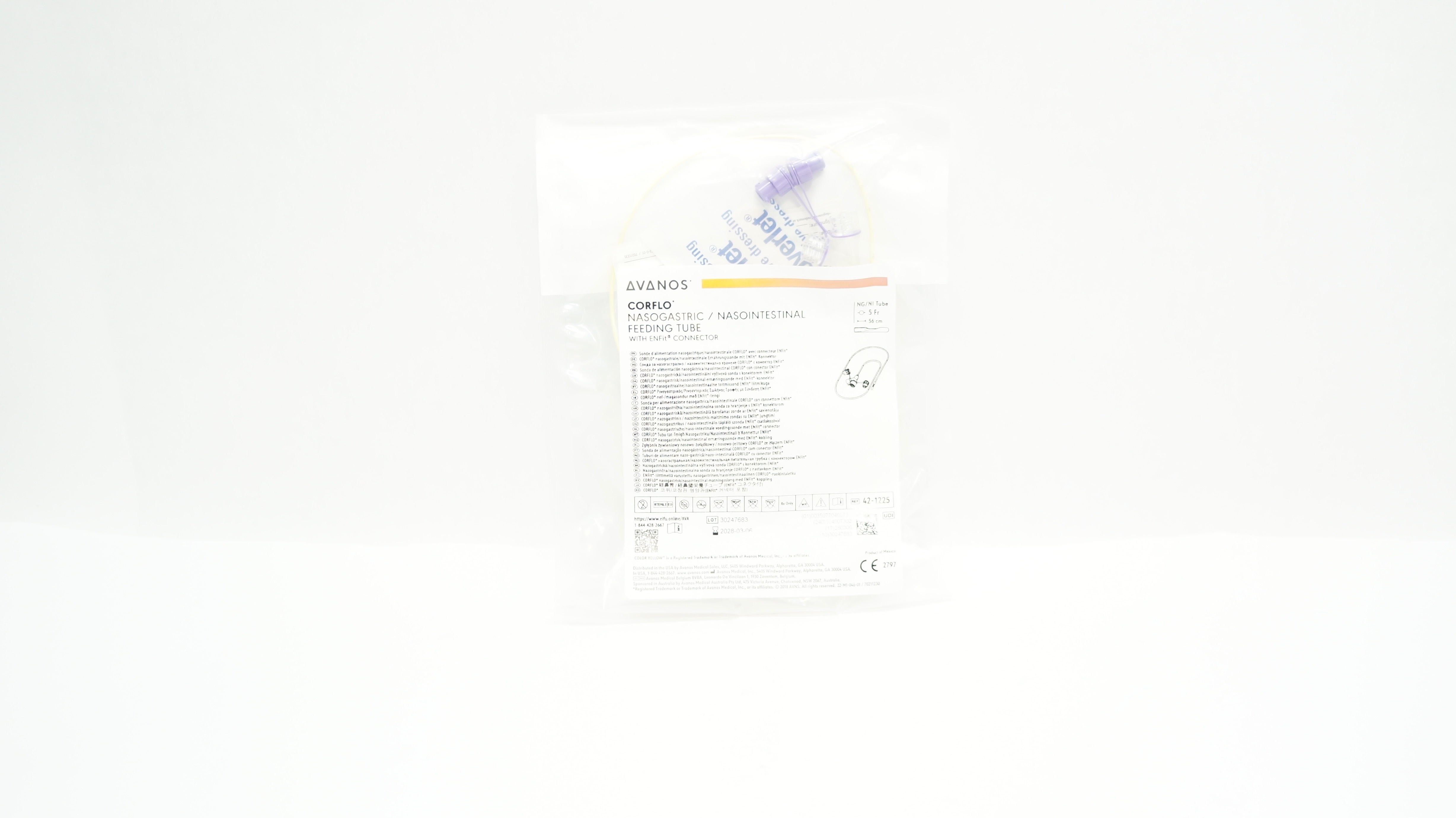 Avanos 42-1225 Corflo Nasogastric/Nasointestinal Feeding Tube 5Fr x 56cm