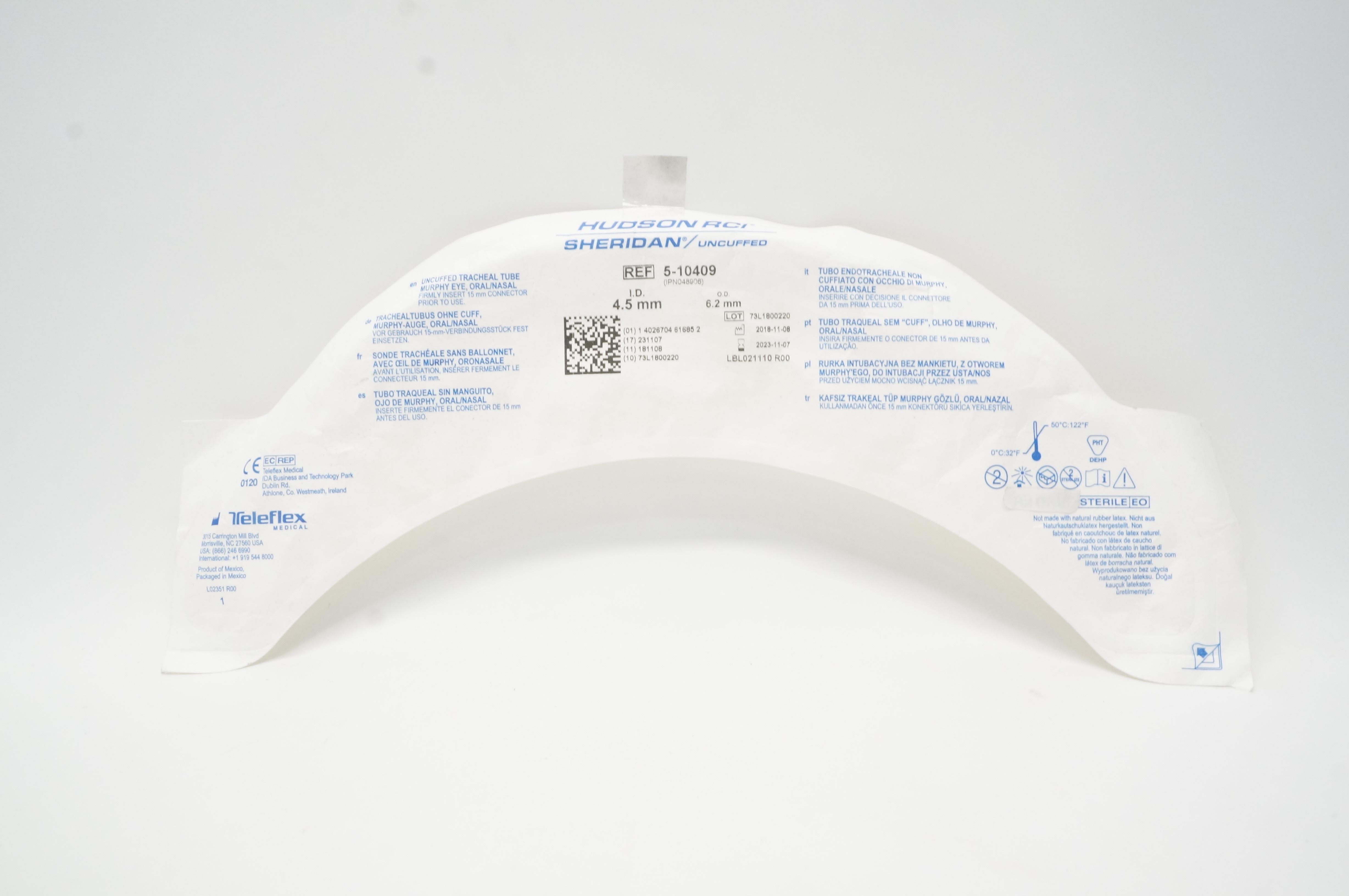 Teleflex 5-10409 Hudson RCI Sheridan Uncuffed Tracheal Tube 4.5mm ID x 6.2mm OD