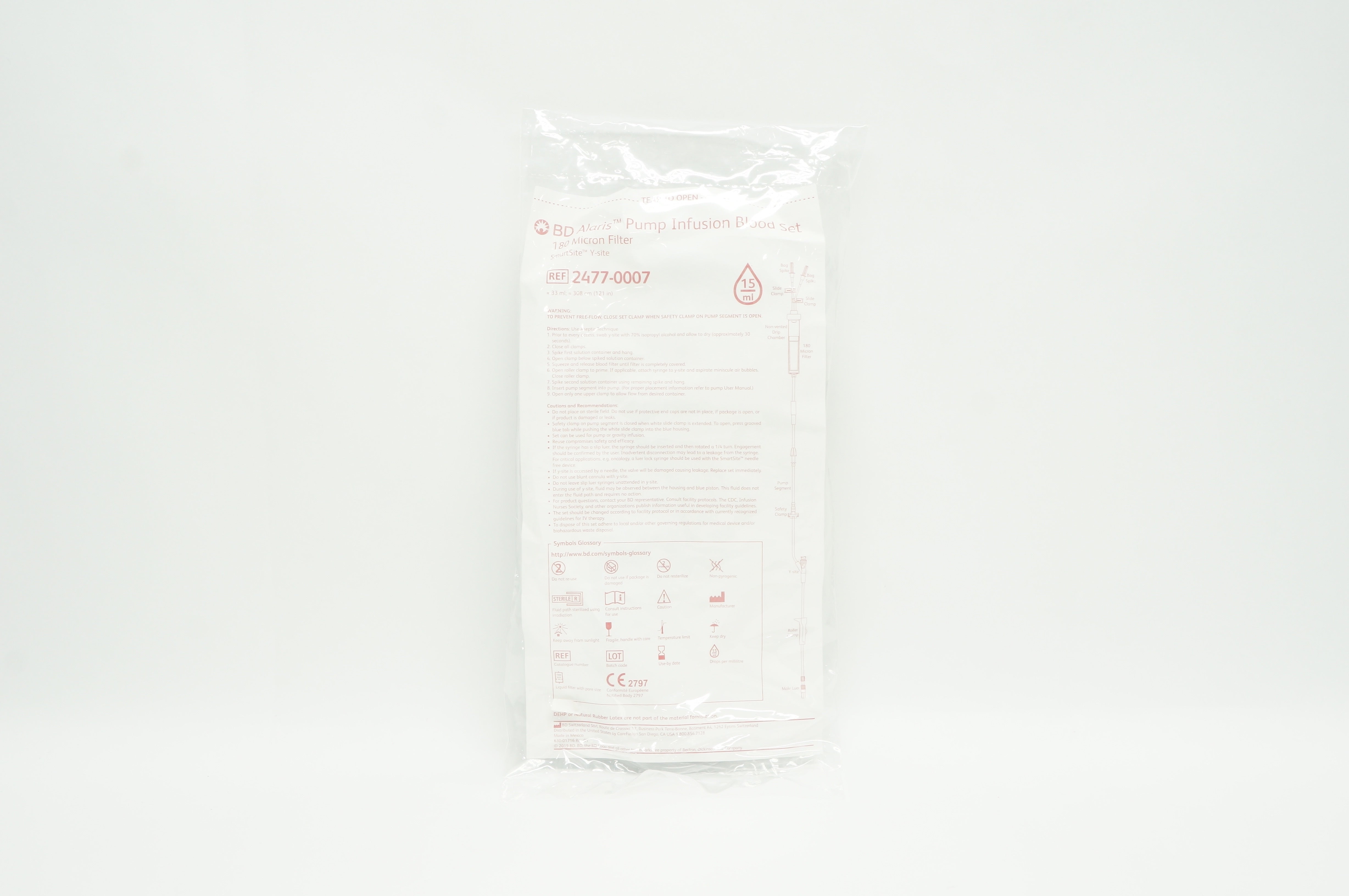 BD 2477-0007 Alaris Pump Infusion Blood Set 33mL x 121inch, 15drops/mL