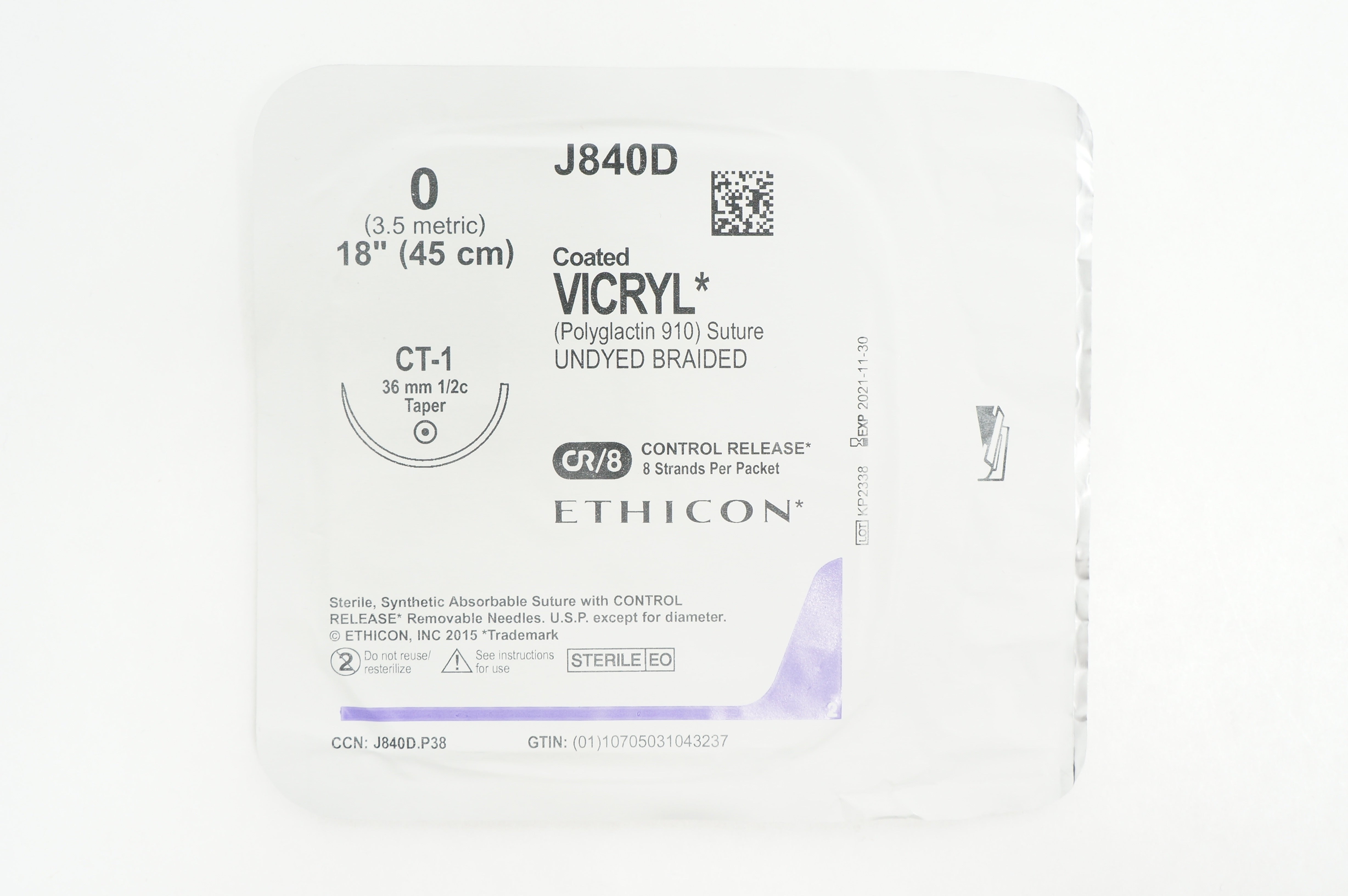 Ethicon J840D 0 VICRYL CT-1 36mm 1/2c Taper, 18inch