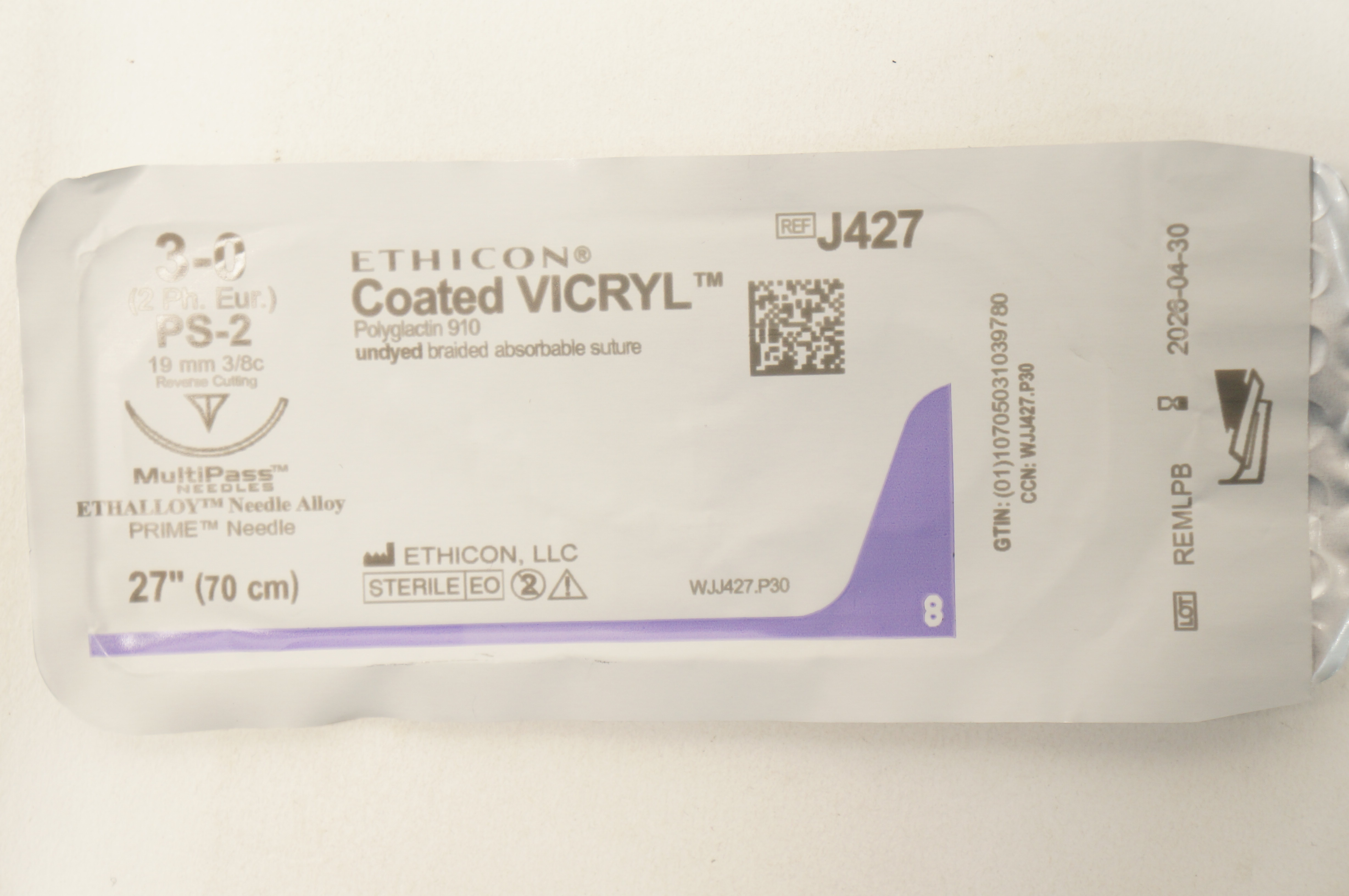 Ethicon J427 3-0 Coated VICRYL PS-2 19mm 3/8c Reverse Cutting 27inch