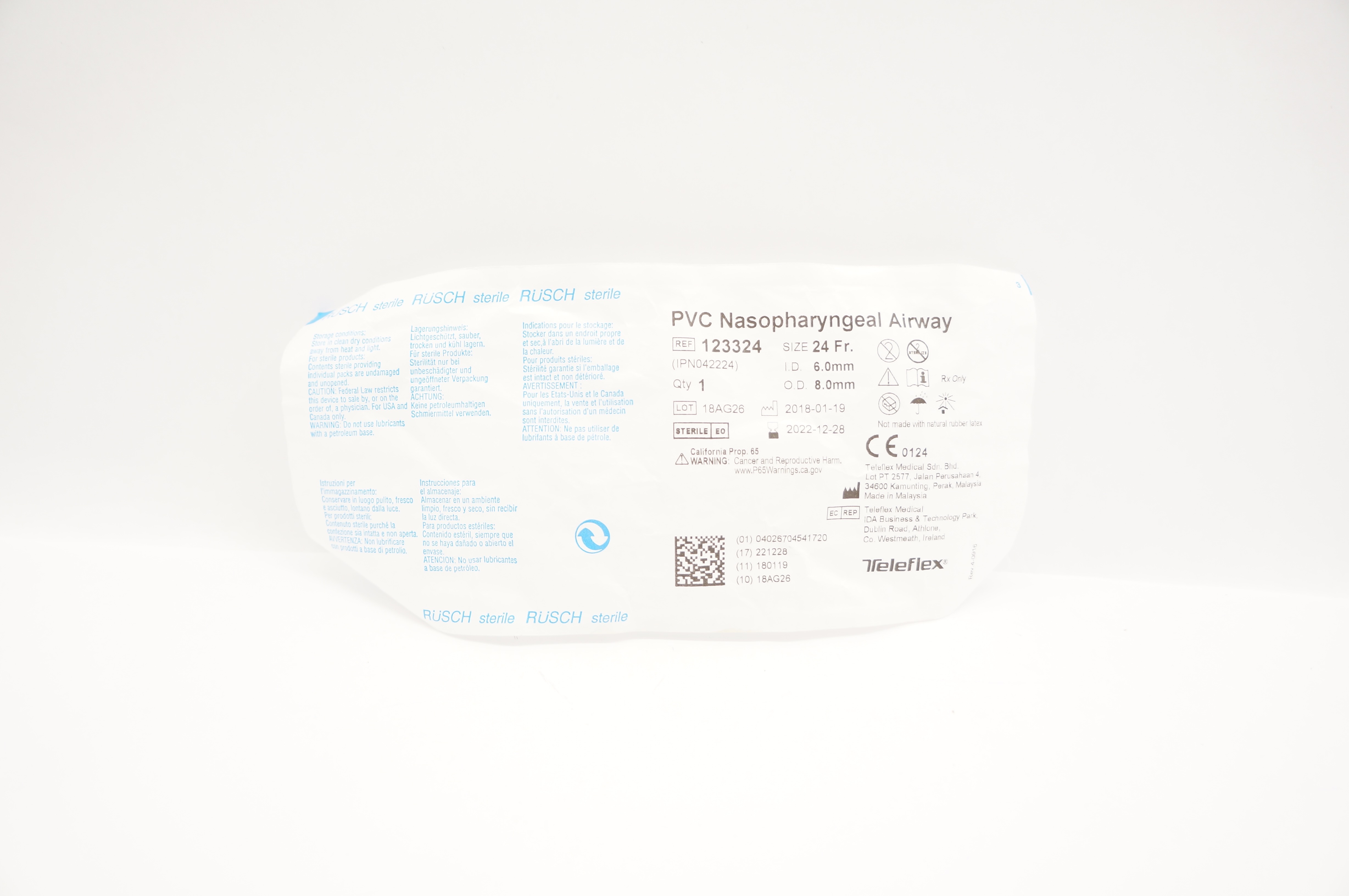 Teleflex 123324 Rusch PVC Nasopharyngeal Airway 24 Fr x 6.0mm ID x 8.0mm OD