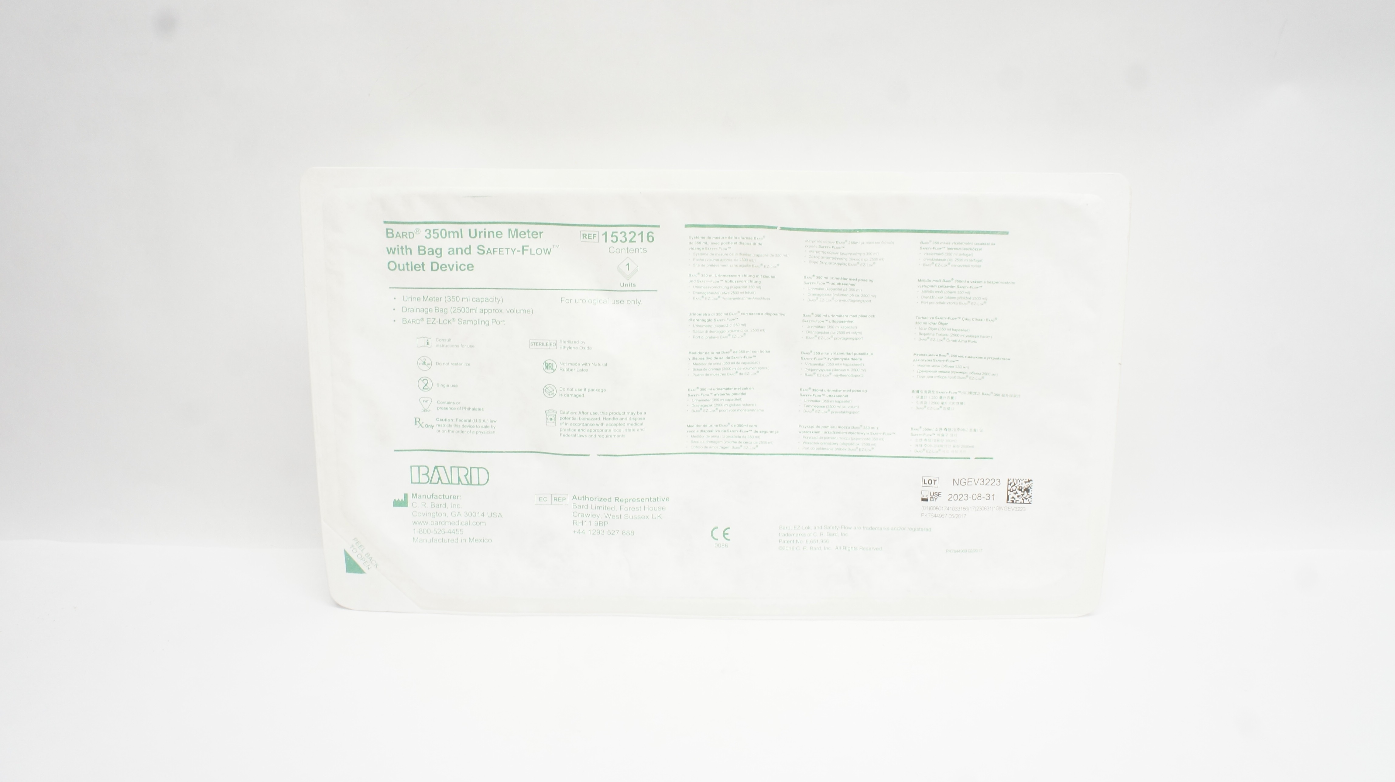 Bard 153216 Urine Meter With Bag And Safety-Flow Outlet Device 350 ml (x)