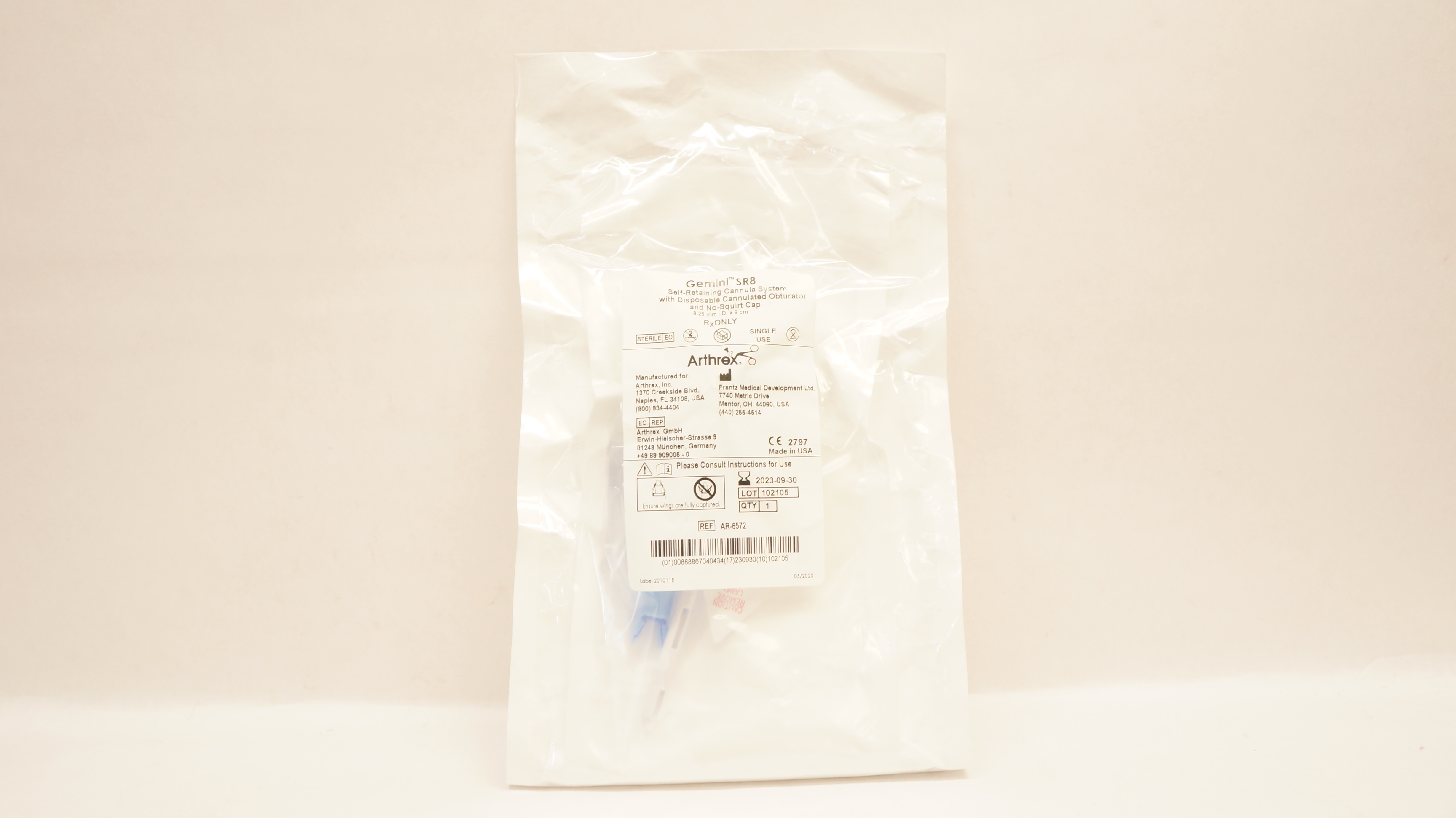 Arthrex AR-6572 Gemini SR8 Self-Retaining Cannula System 8.25mm x 9cm