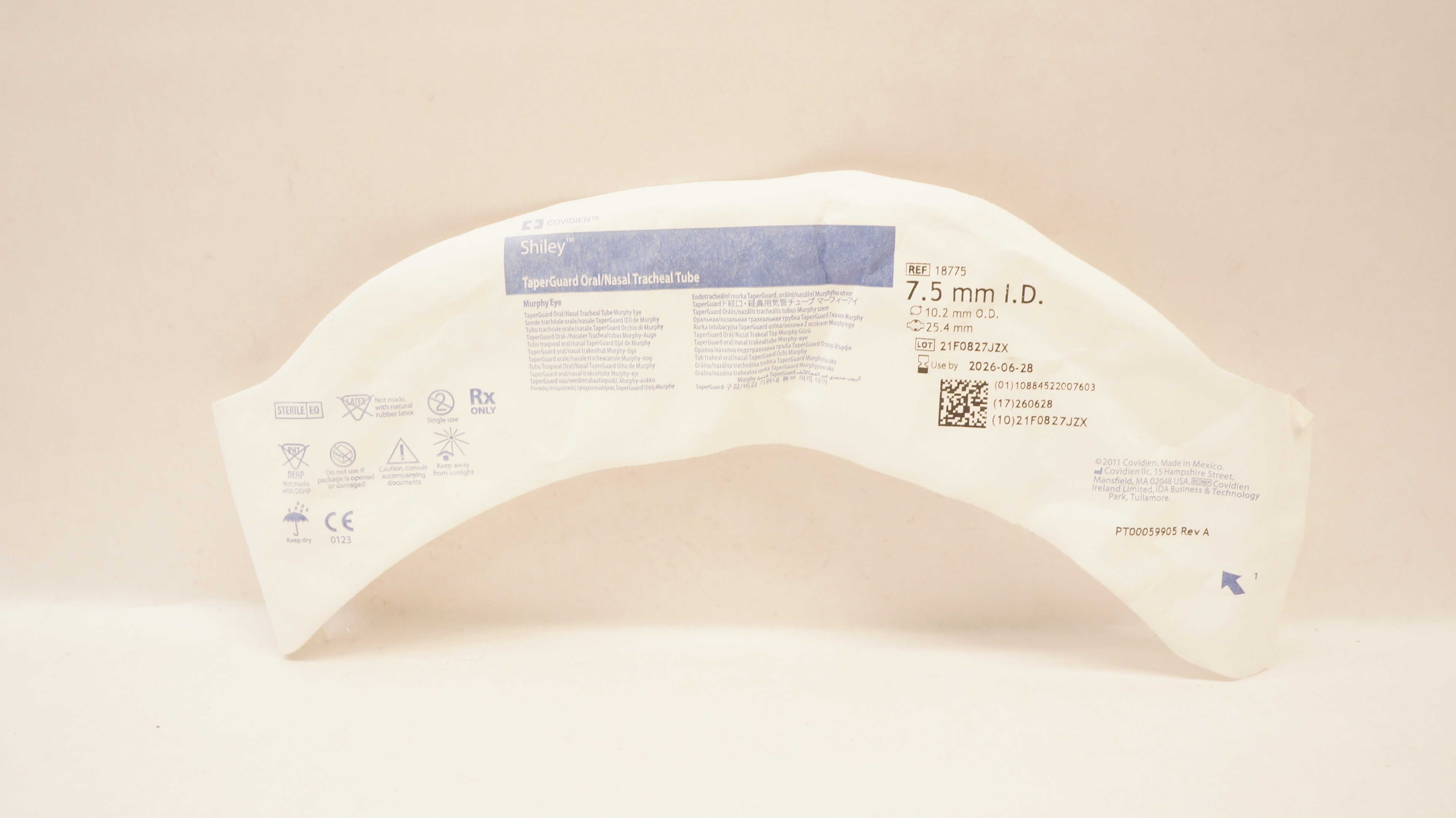 Covidien 18775 Shiley TaperGuard Oral/Nasal Tracheal Tube 7.5ID x 10.2OD x 25.4m