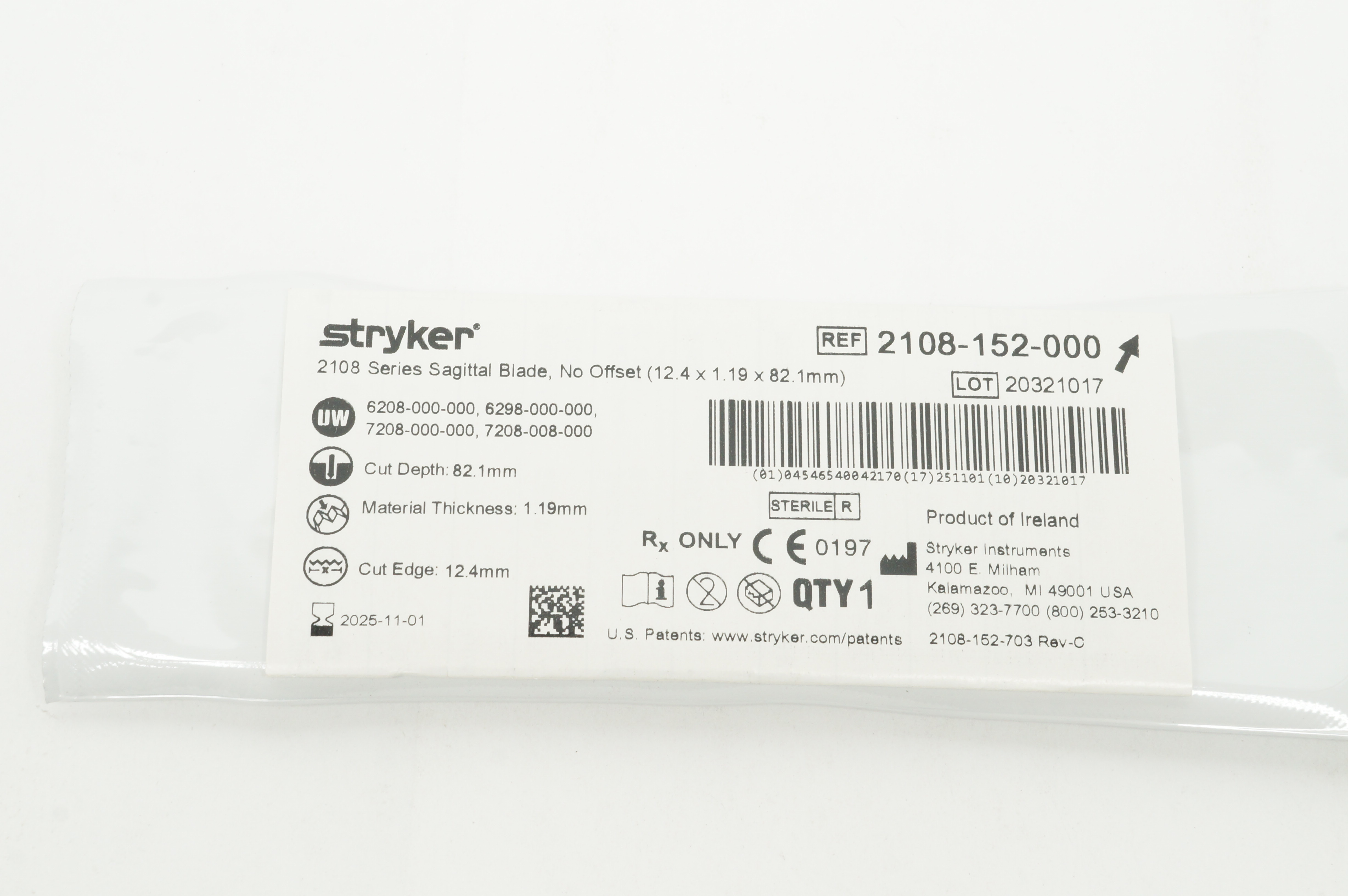 Stryker 2108-152-000 2108 Sagittal Blade No Offset 12.4 x 1.19 x 82.1mm