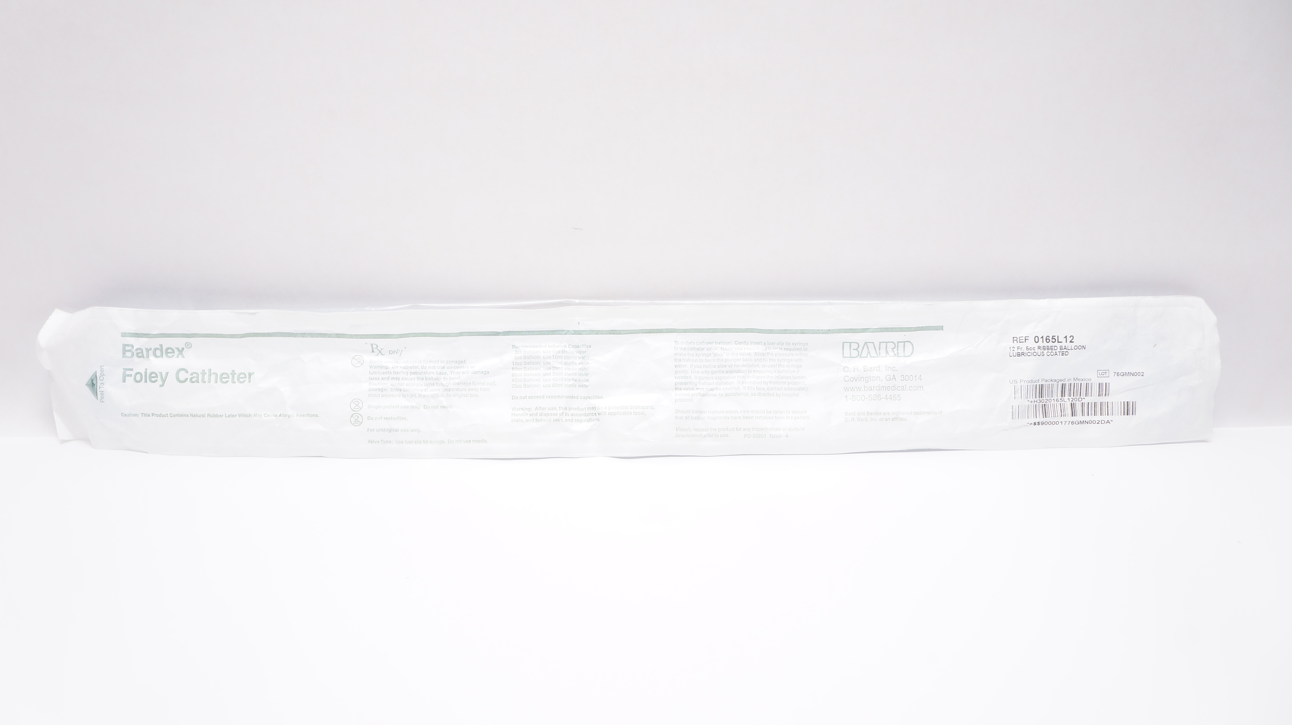 Bard 0165L12 Bardex Foley Cath. Ribbed Balloon Lubricious Coated 12Fr x 5cc (x)