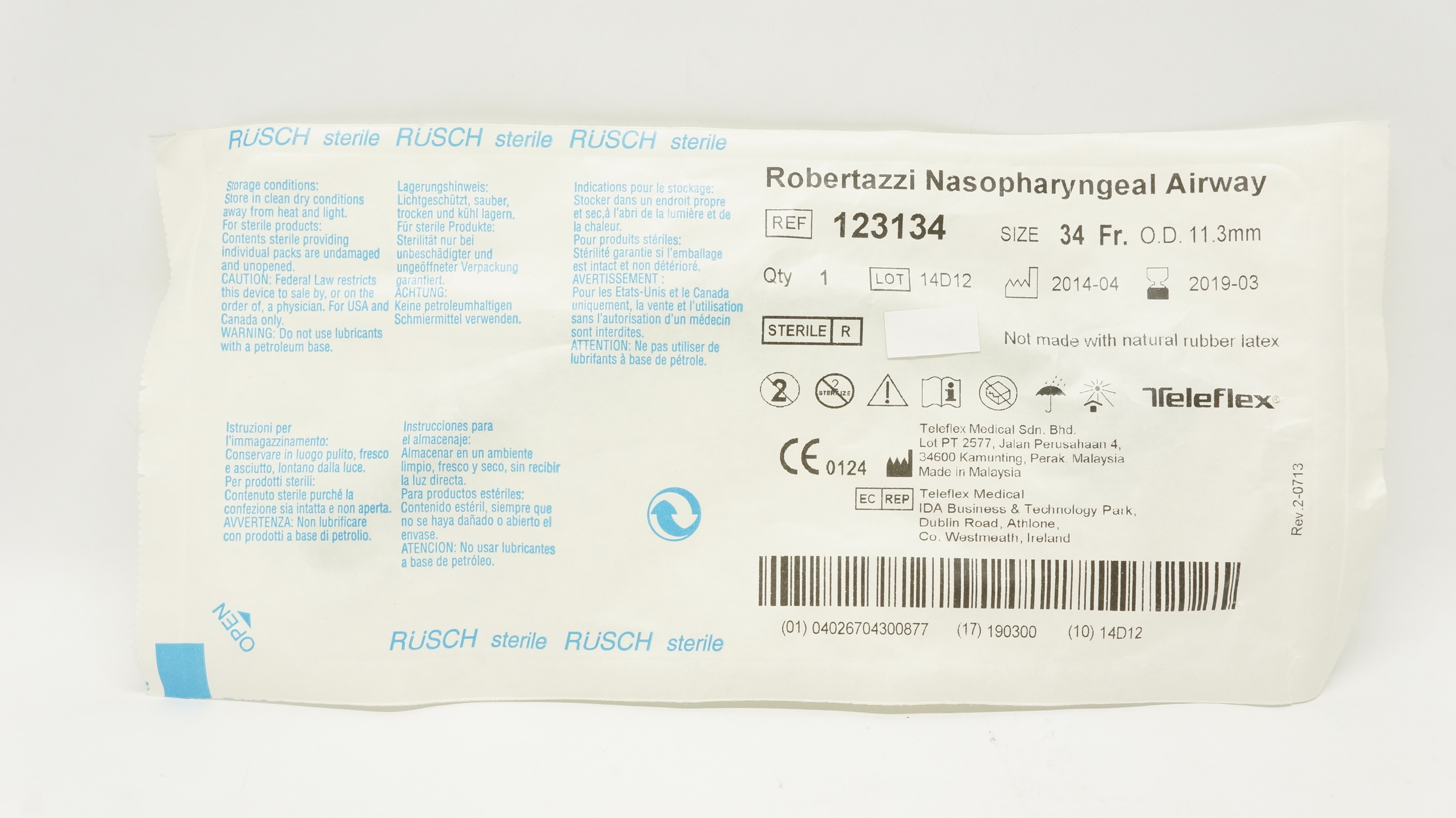 Teleflex 123134 Robertazzi Nasopharyngeal Airway 34Fr x 11.3mm OD (x)