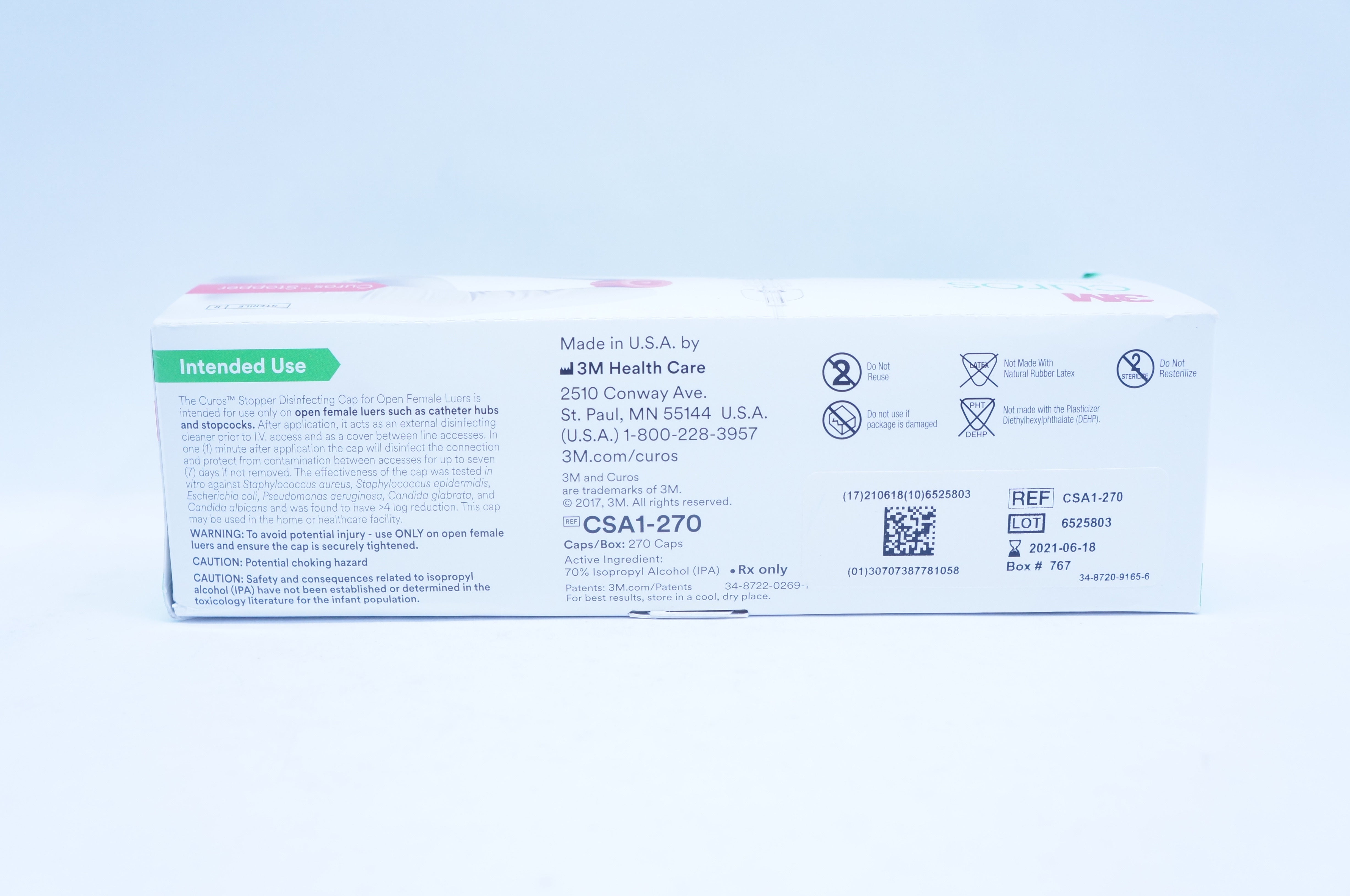 3M CSA1-270 Curos Stopper Disinfecting Cap For Open Female Luers - Box of 270