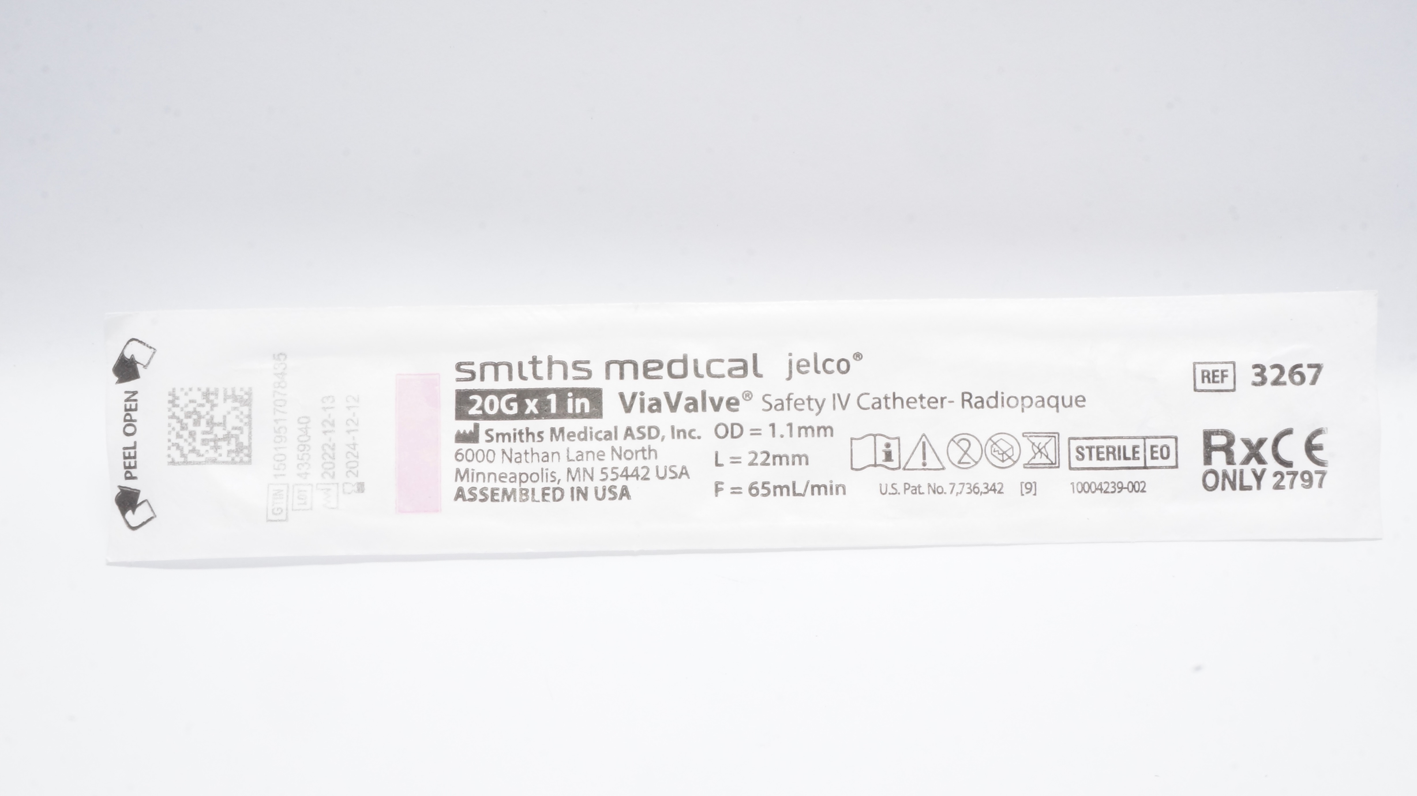 Smiths Medical 3267 Jelco ViaValve Safety IV Cath. 20G x 1inch 65mL/min