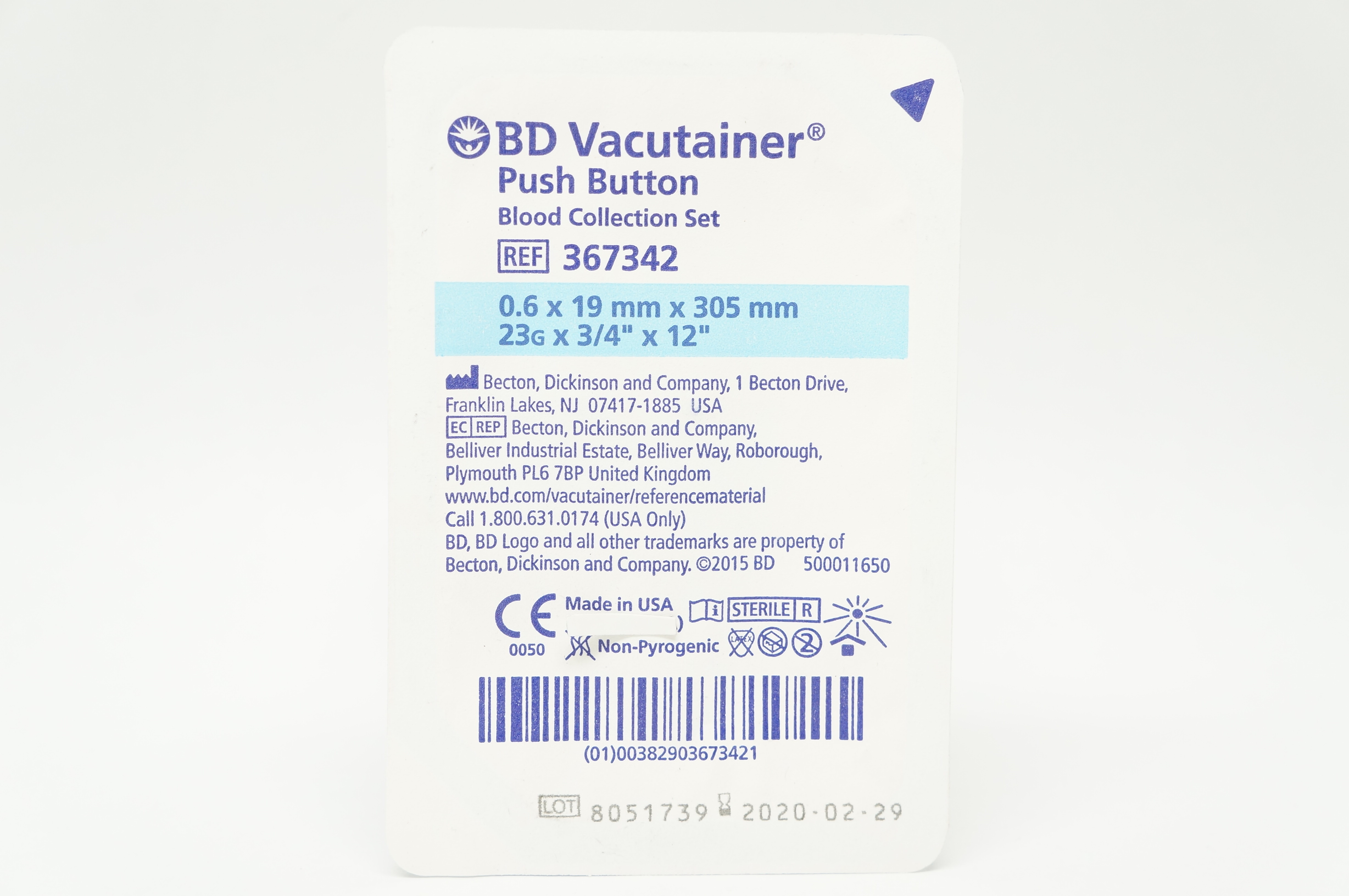 BD 367342 Push Button Blood Collection Set 23G x 3/4inch x 12inch (x)