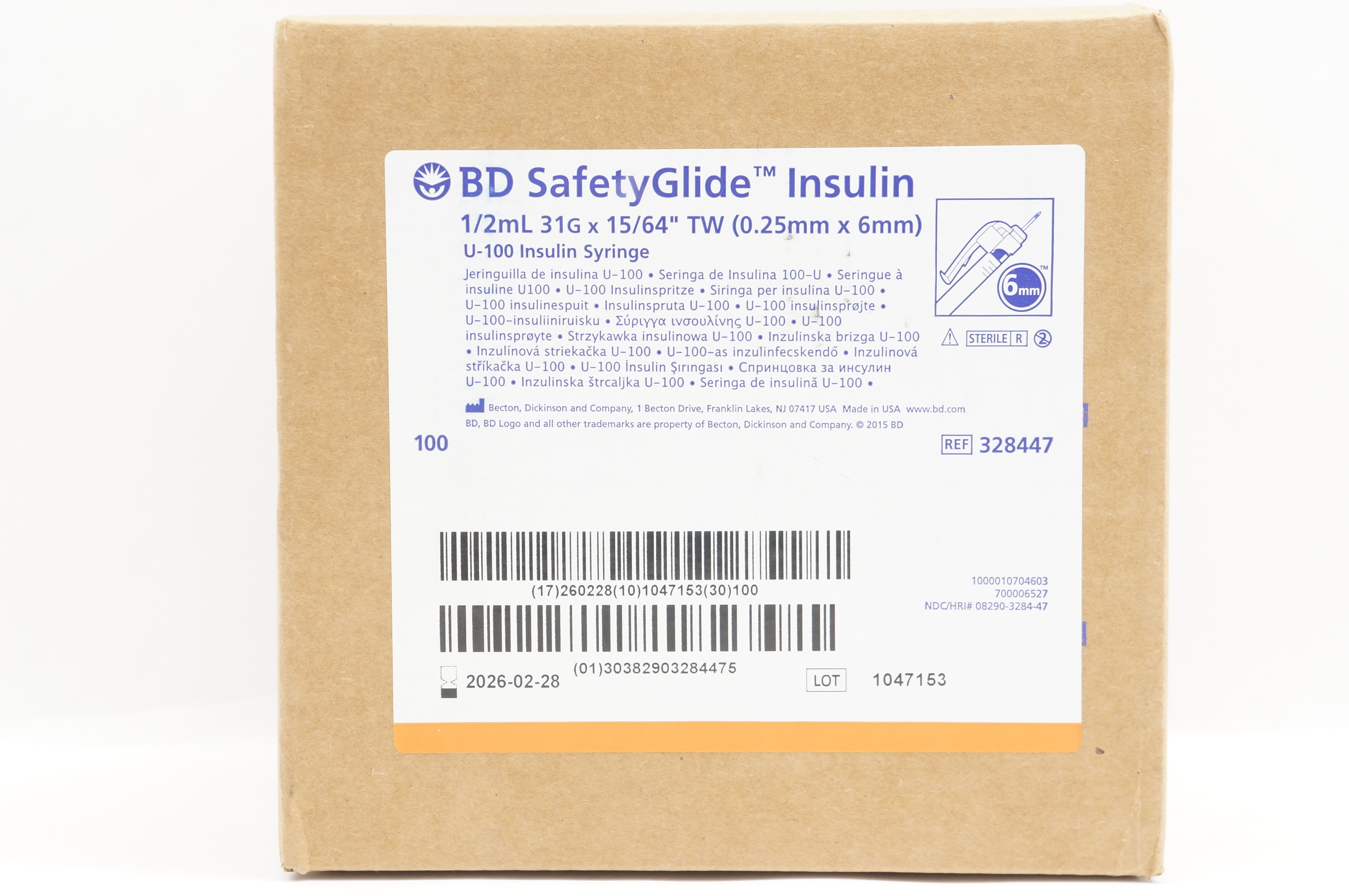 BD 328447 SafetyGlide Insulin Syringe 1/2mL, 31G x 15/64inch TW Box