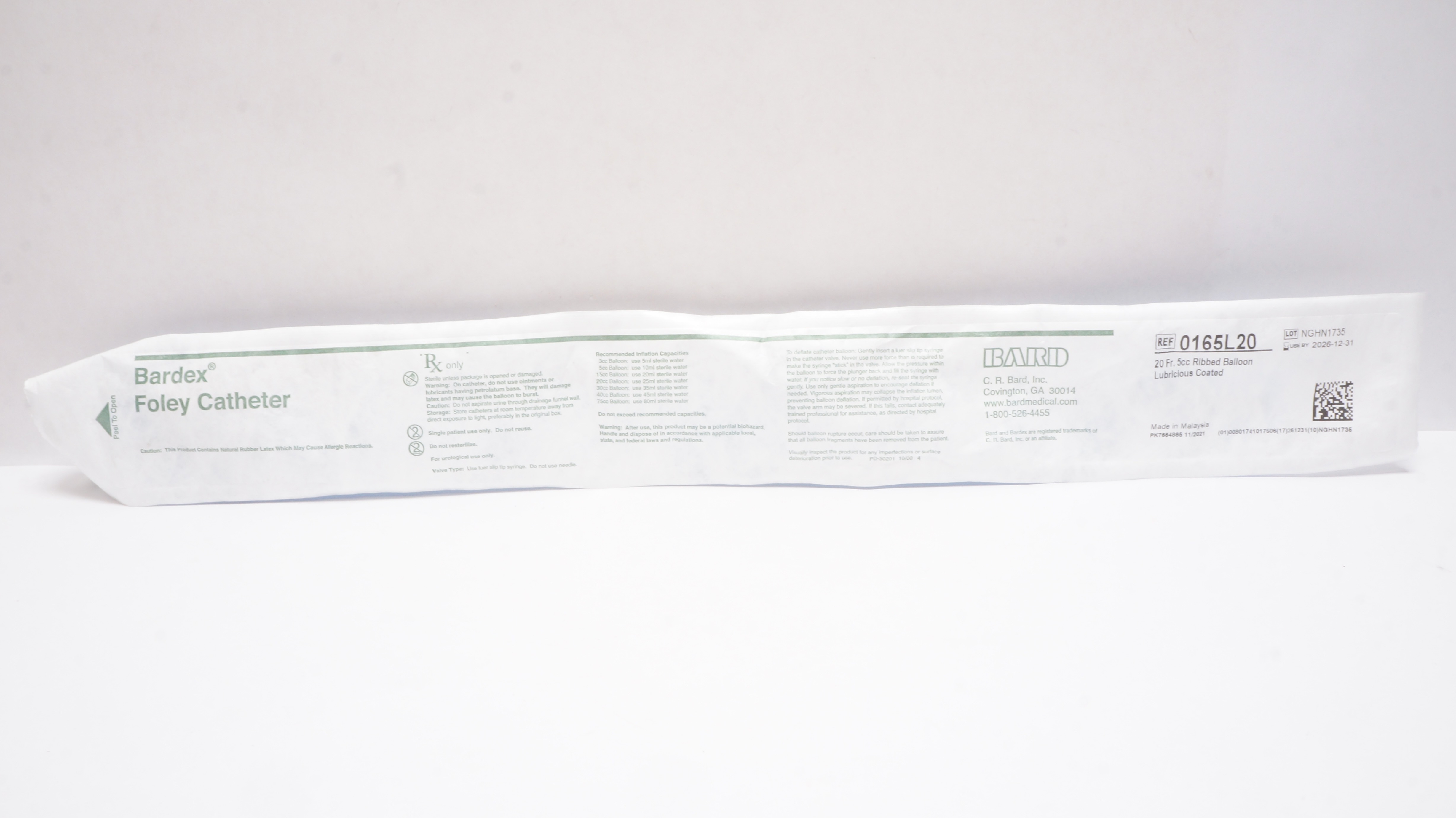 Bard 0165L20 Bardex Foley Cath. Ribbed Balloon Lubricious Coated, 20 Fr. 5cc