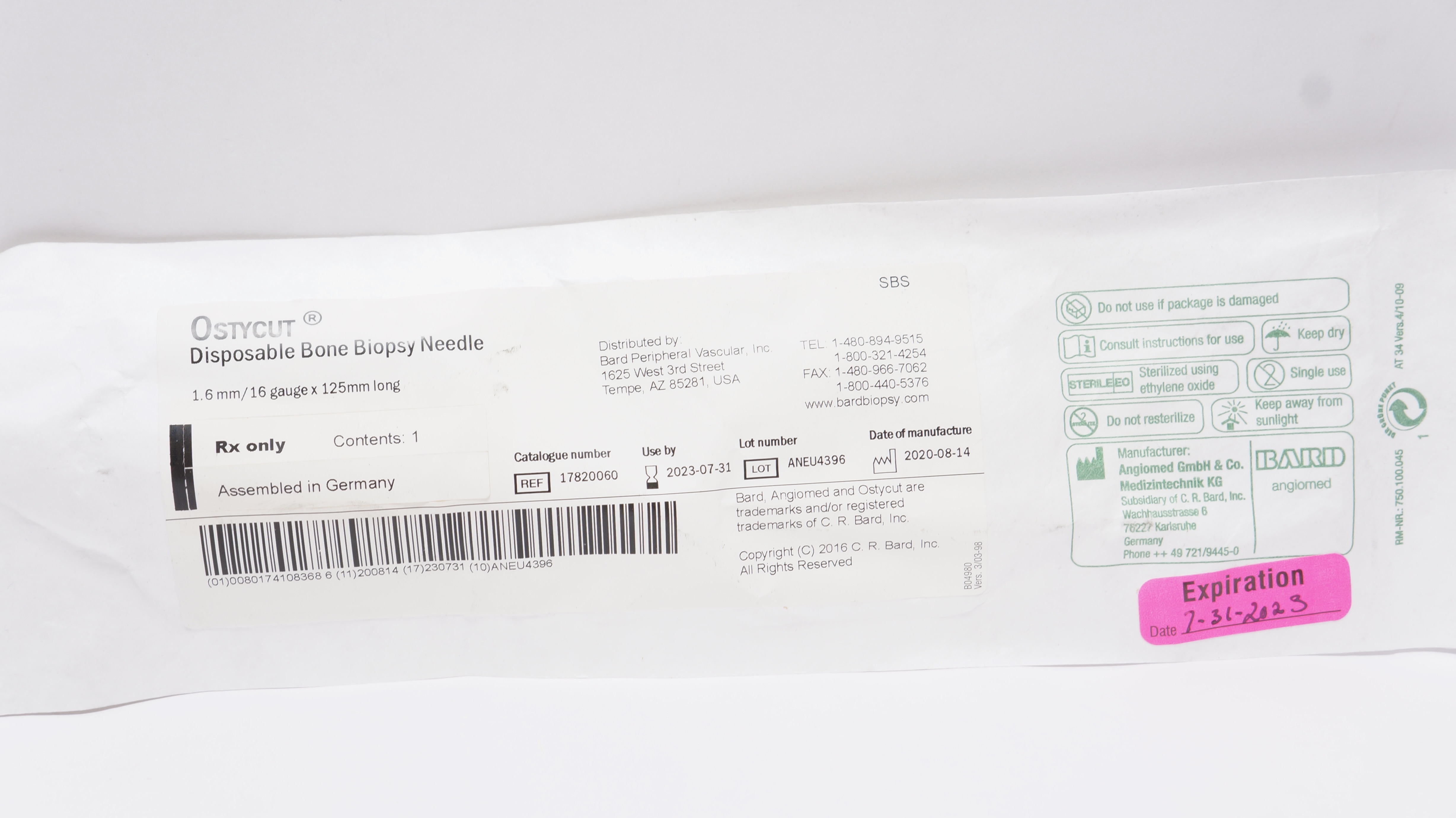 Bard 17820060 Ostycut Disposable Bone Biopsy Ndle 1.6mm x 16ga x 125mm (x)