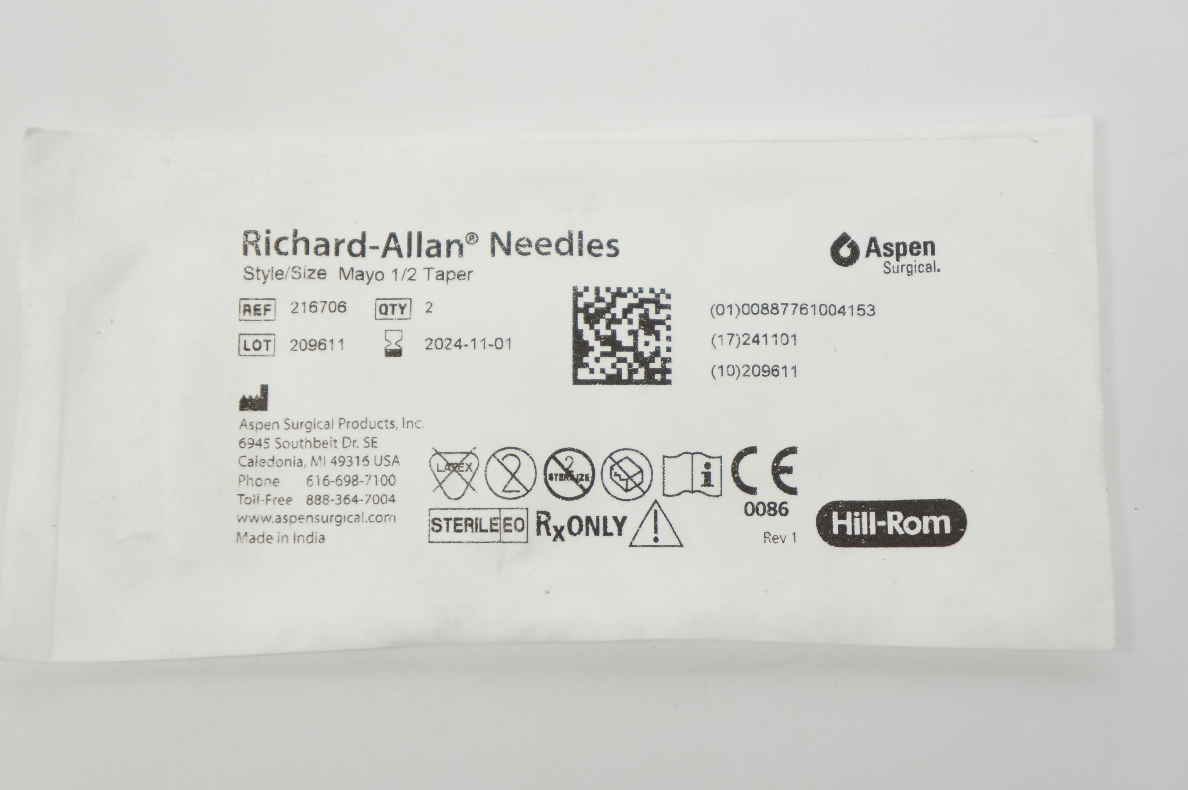 Aspen Surgical 216706 Richard-Allan Ndles, Mayo 1/2 Taper - Pack of 2