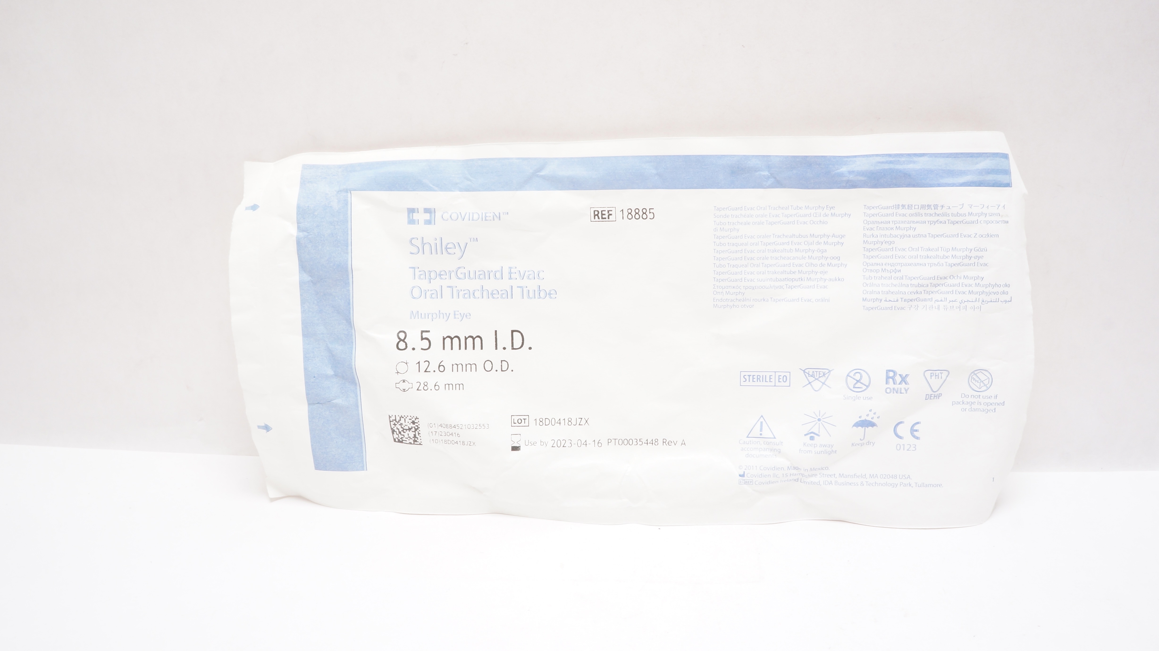 Covidien 18885 Shiley TaperGuard Evac Oral Tracheal Tube 8.5mm ID, 12.6mm OD (x)