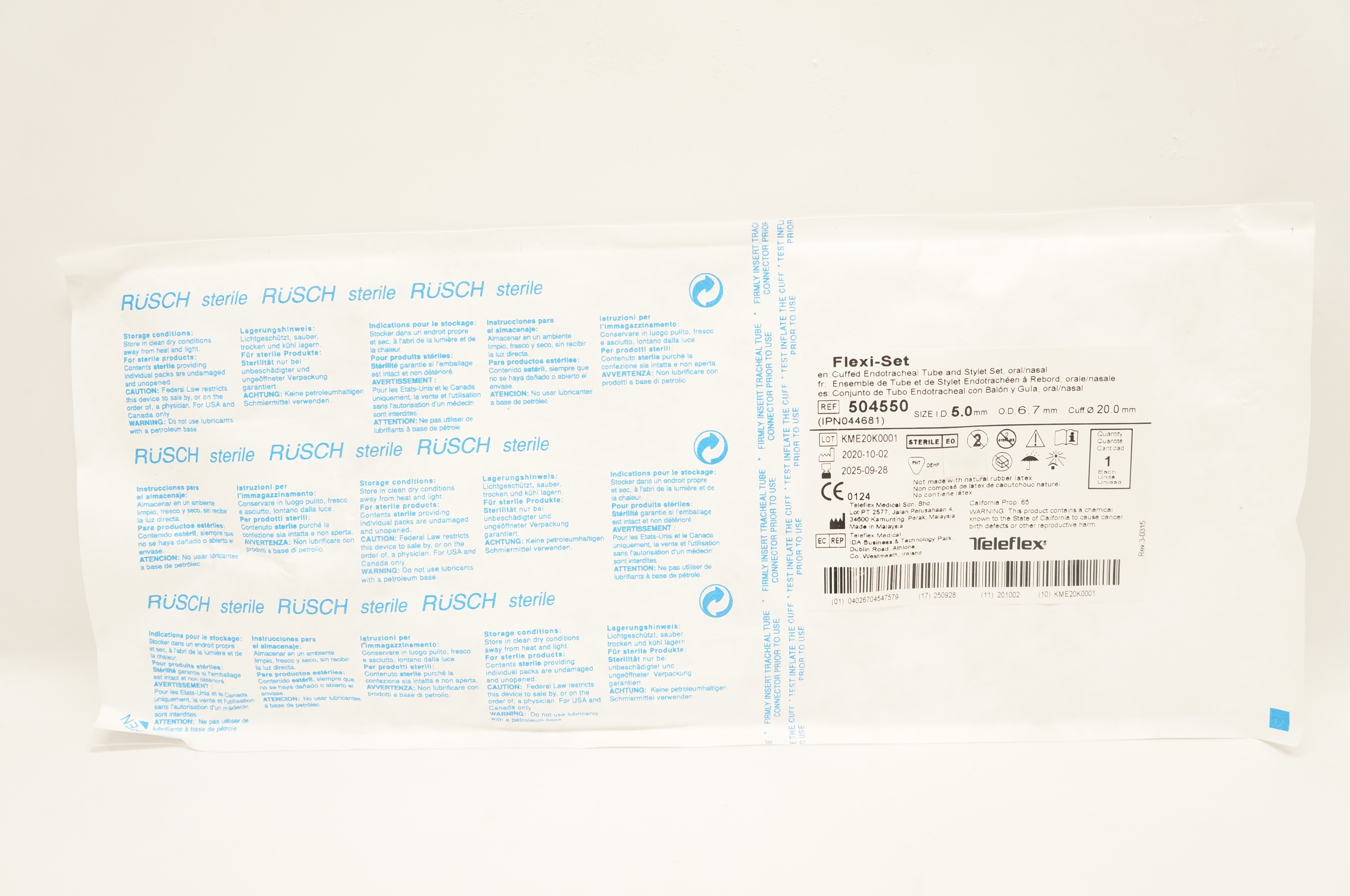 Teleflex 504550 Flexi-Set Cuffed Endotracheal Tube & Stylet 5.0ID x 6.7ODx20.0mm