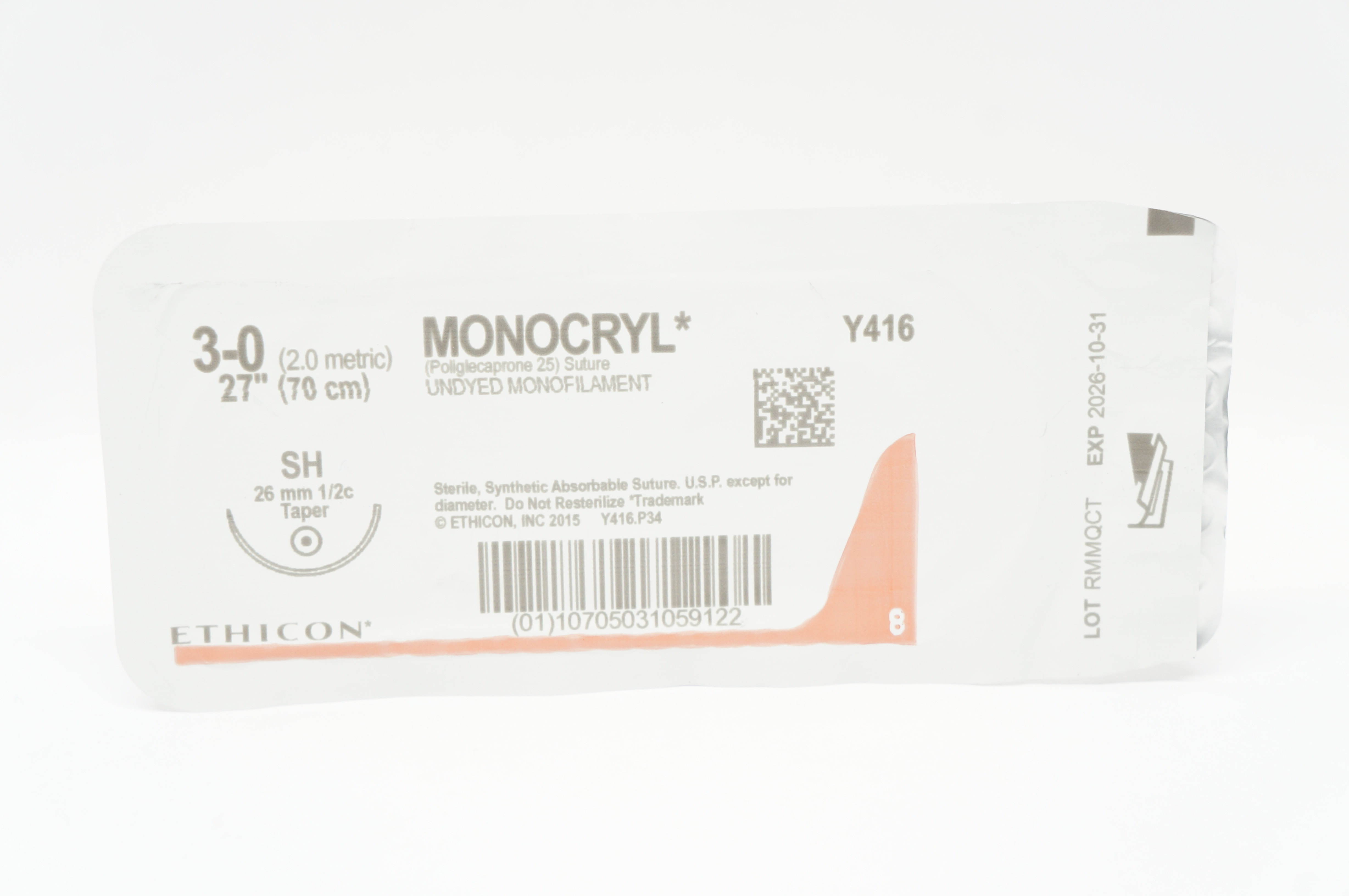 Ethicon Y416 3-0 Monocryl Poliglecaprone 25 Stre SH 26mm 1/2c Taper, 27 inch