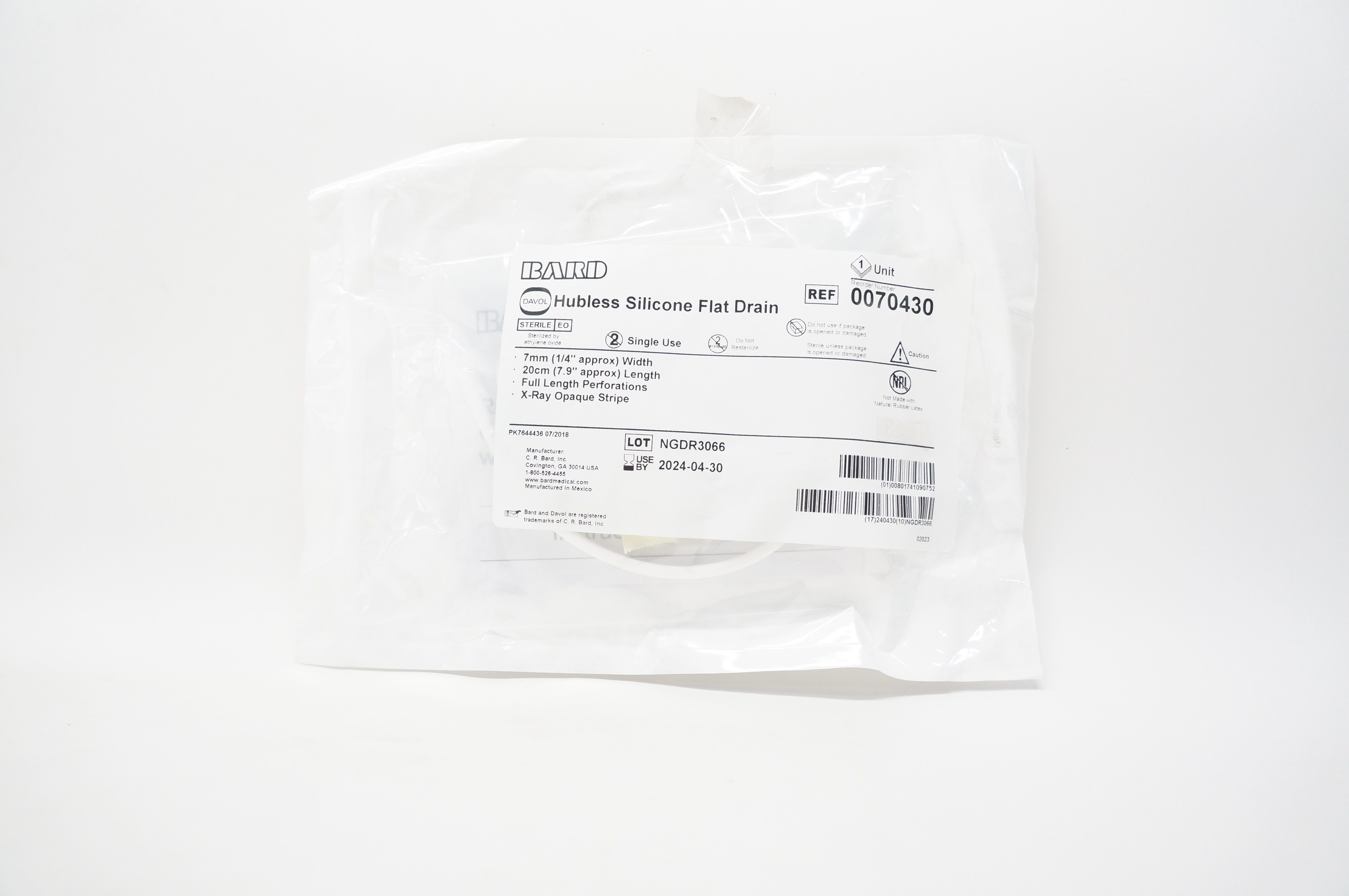 Bard 0070430 Hubless Silicone Flat Drain 1/4 inch x 7.9 inch Approx.