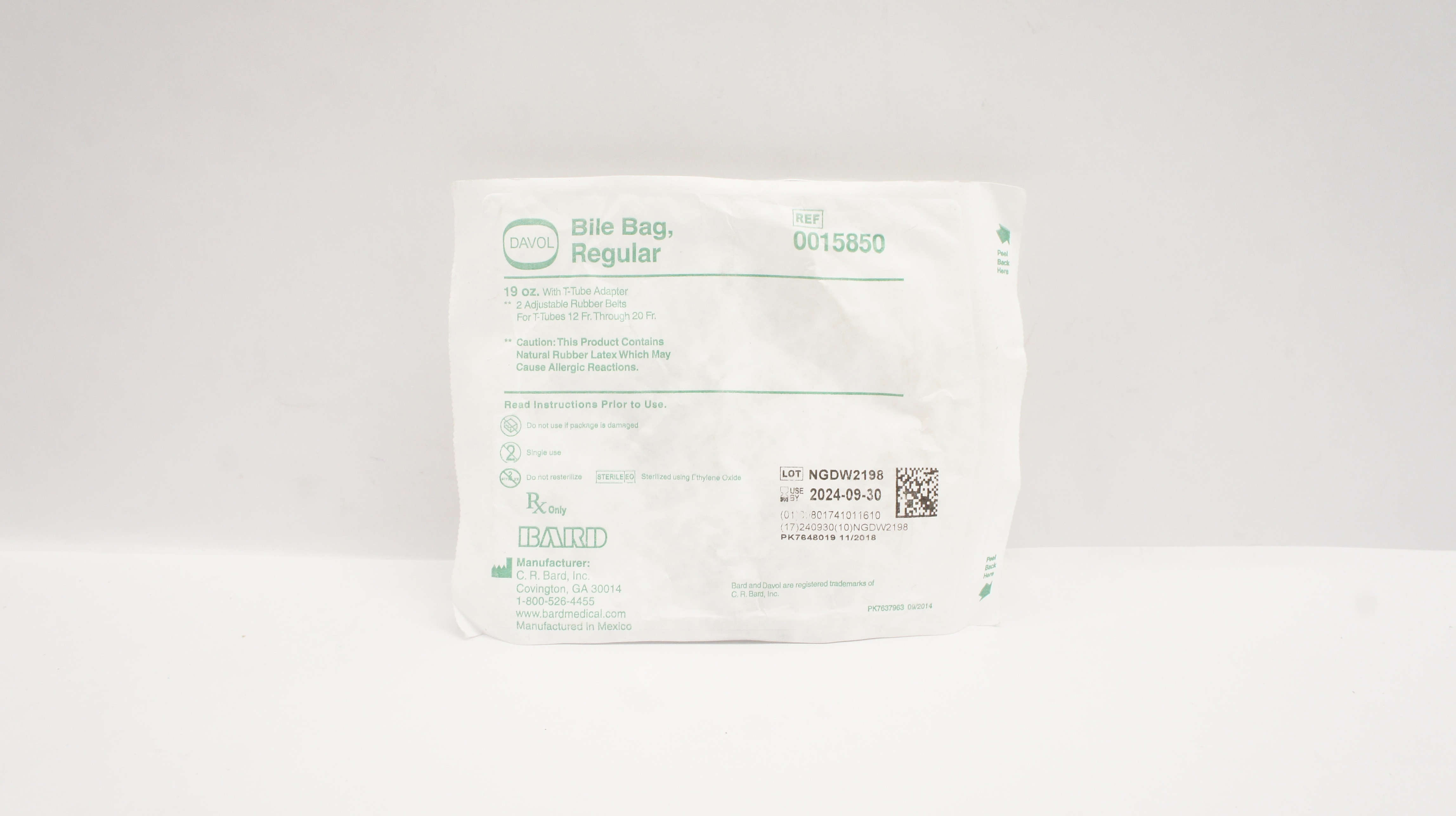 Bard 0015850 Davol Bile Bag Regular 19oz with T-Tube Adapter