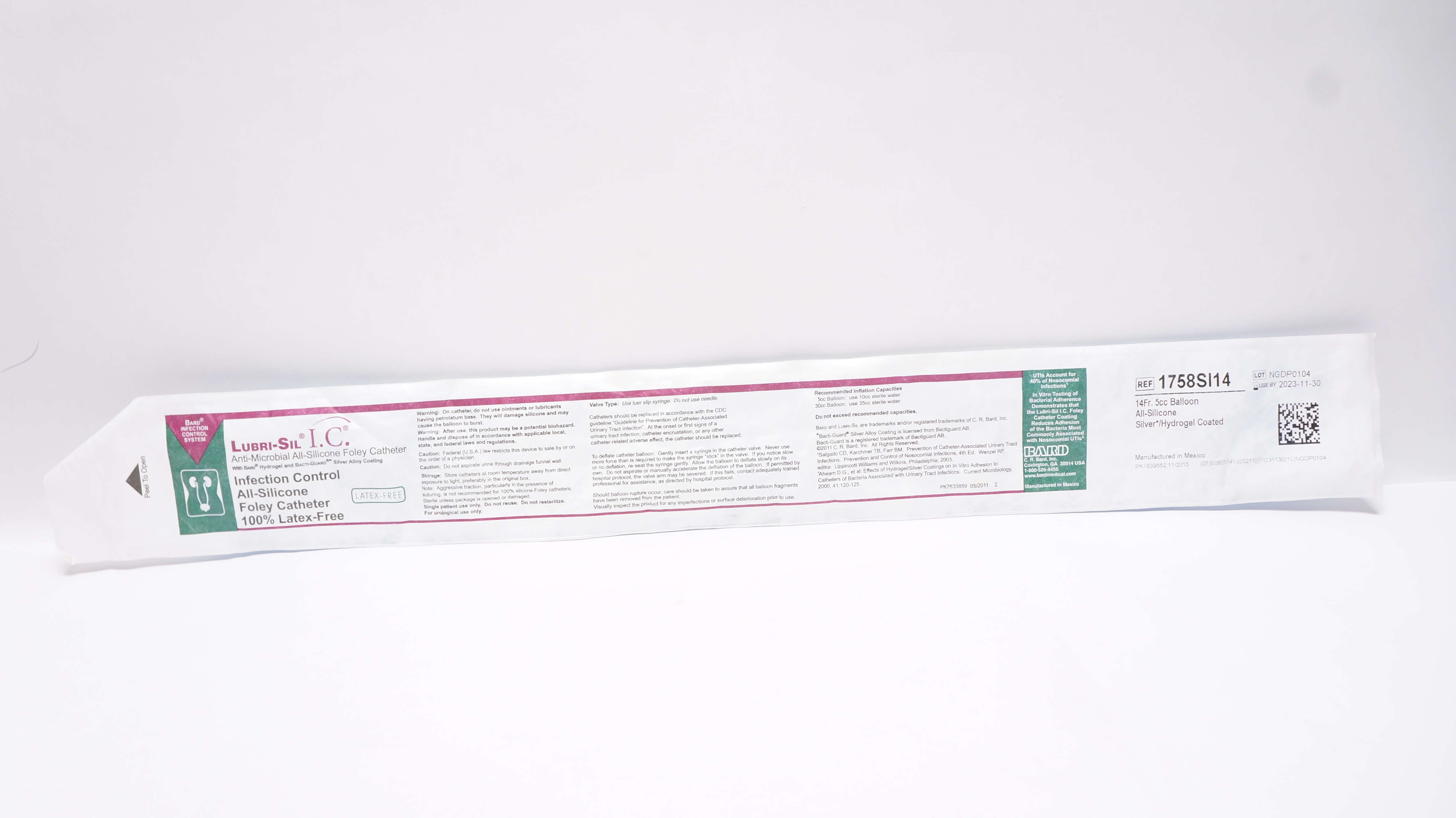 Bard 1758SI14 Lubri-Sil I.C. Anti-Microbial All-Silicone Foley Cath. 14Fr