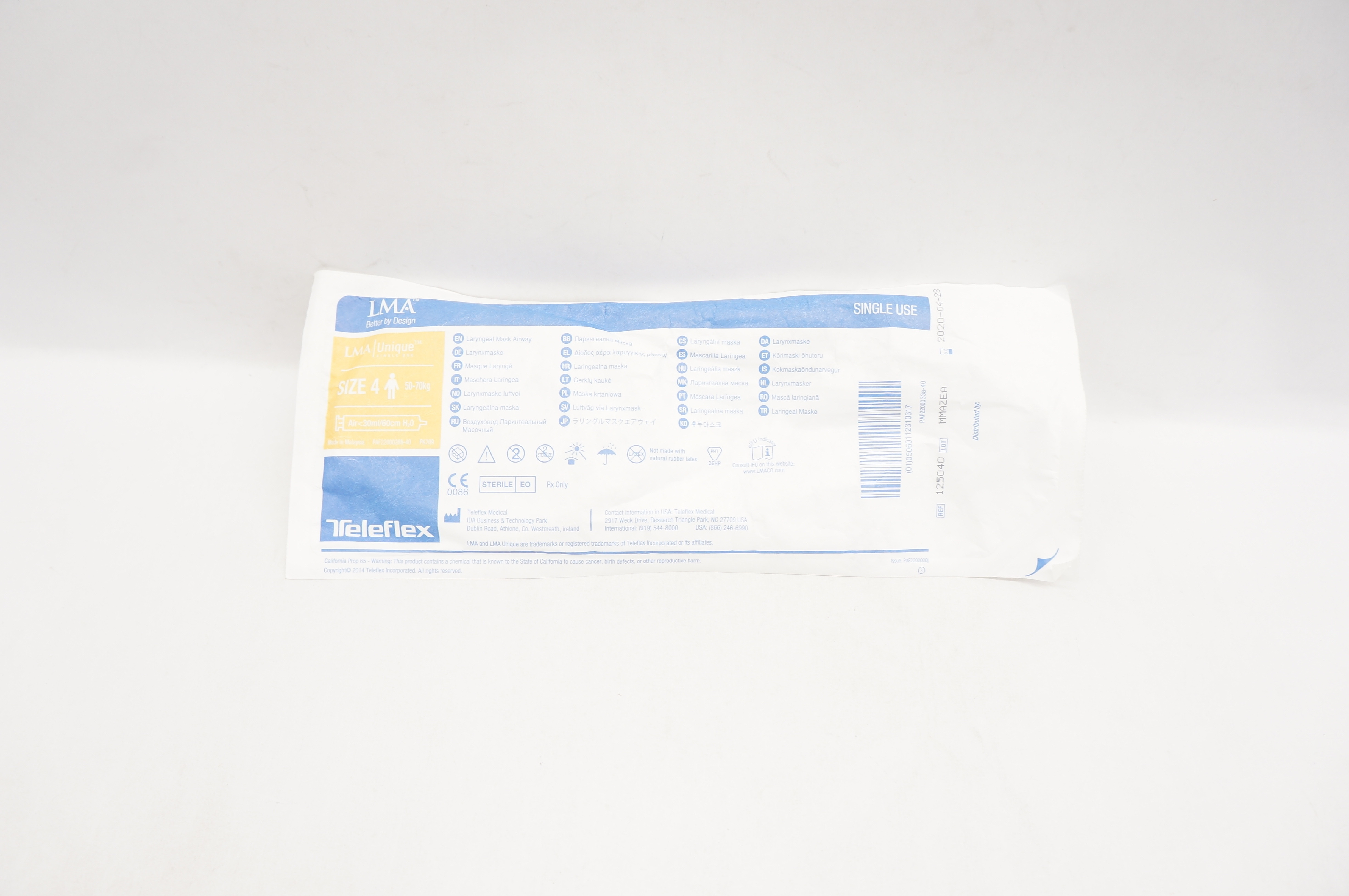 Teleflex 125040 LMA Laryngeal Mask Airway Size 4 50-70kg Air <30ml/60cm H2O