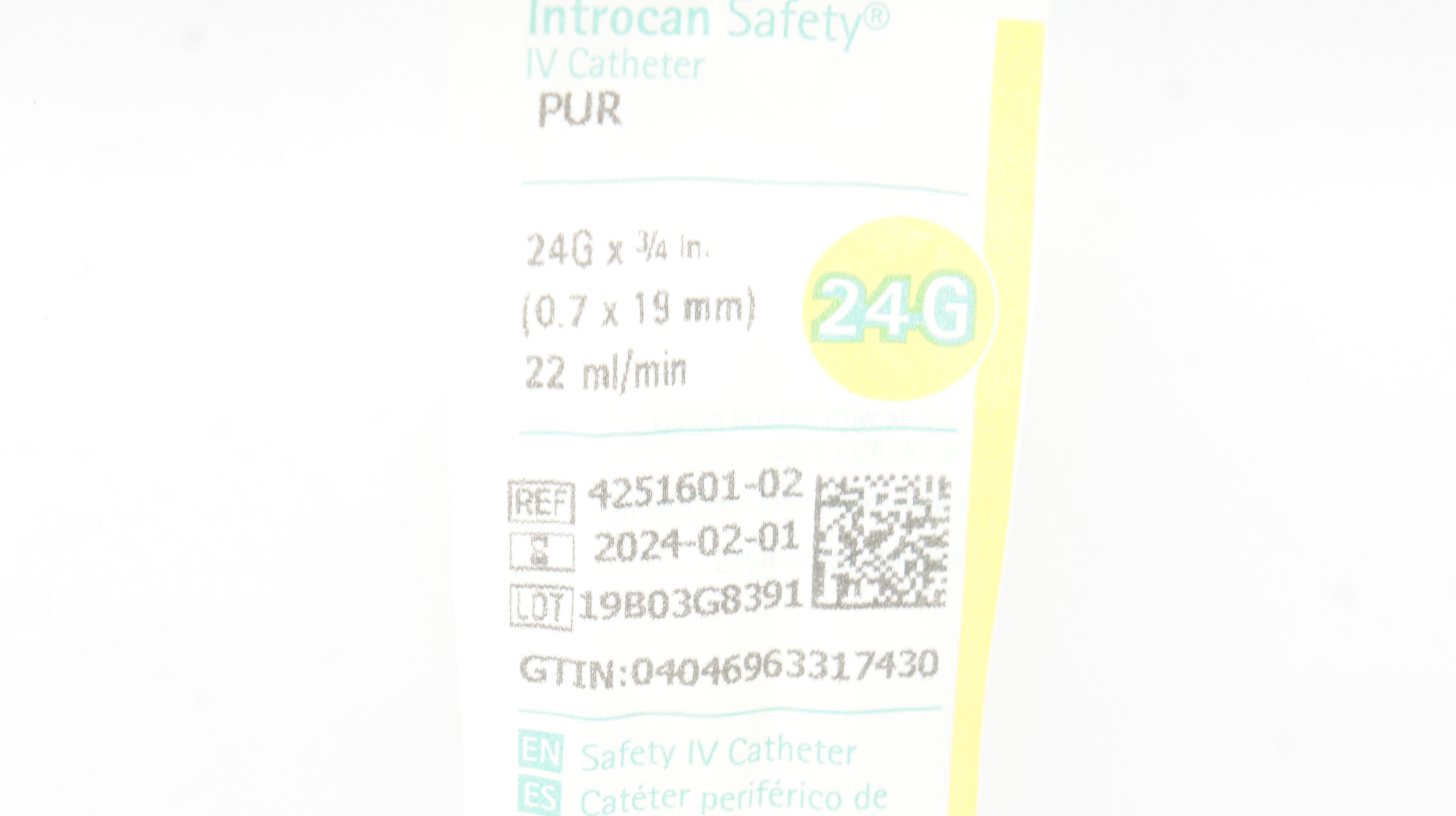 Braun 4251601-02 Introcan Safety IV Caths. PUR 24 x 3/4 inch 22ml/min (x)