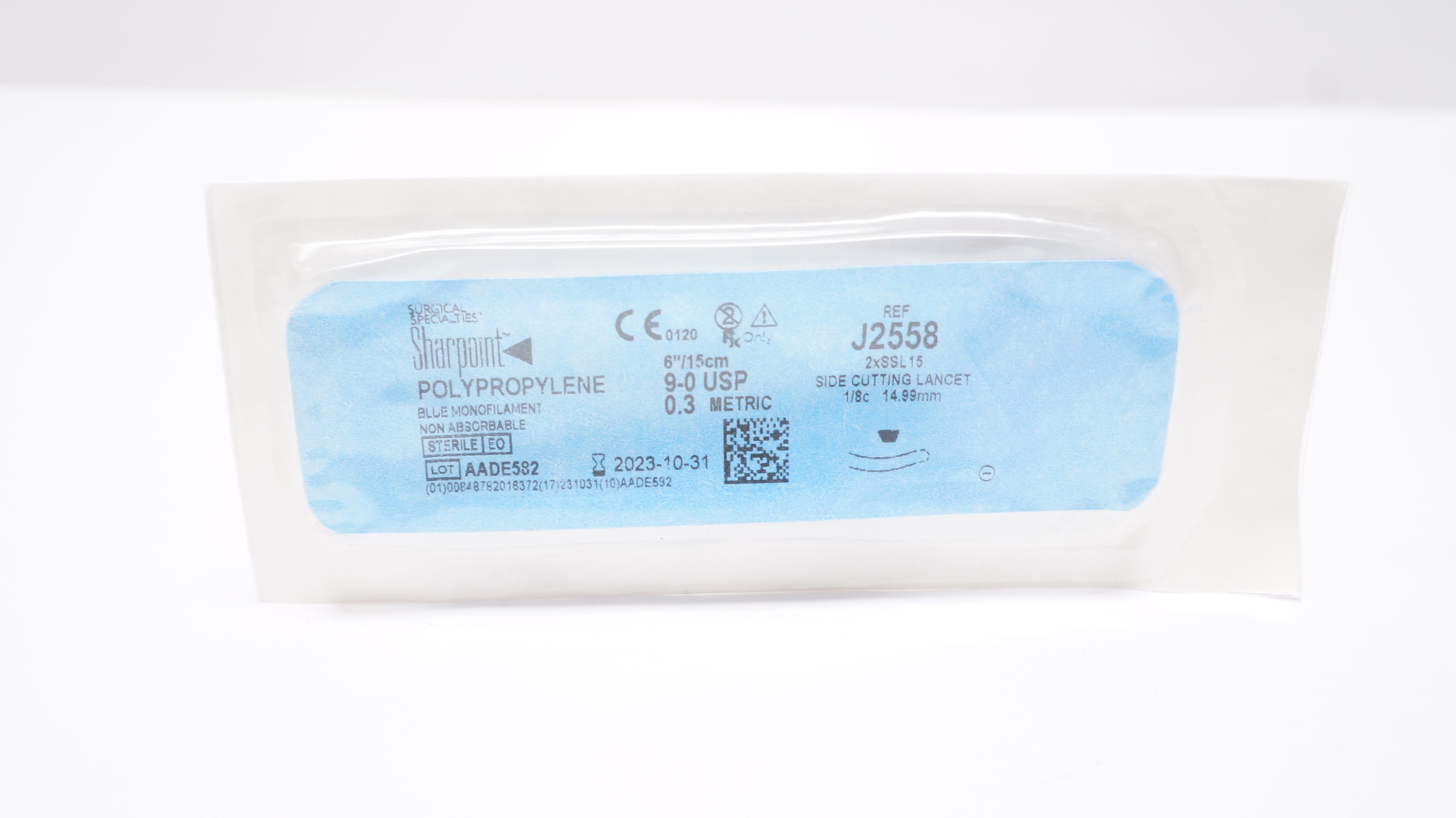 Sharpoint J2558 Polypropylene 6In 9-0USP 0.3Metric 2xSSL15 Side Cut. Lancet 1/8c