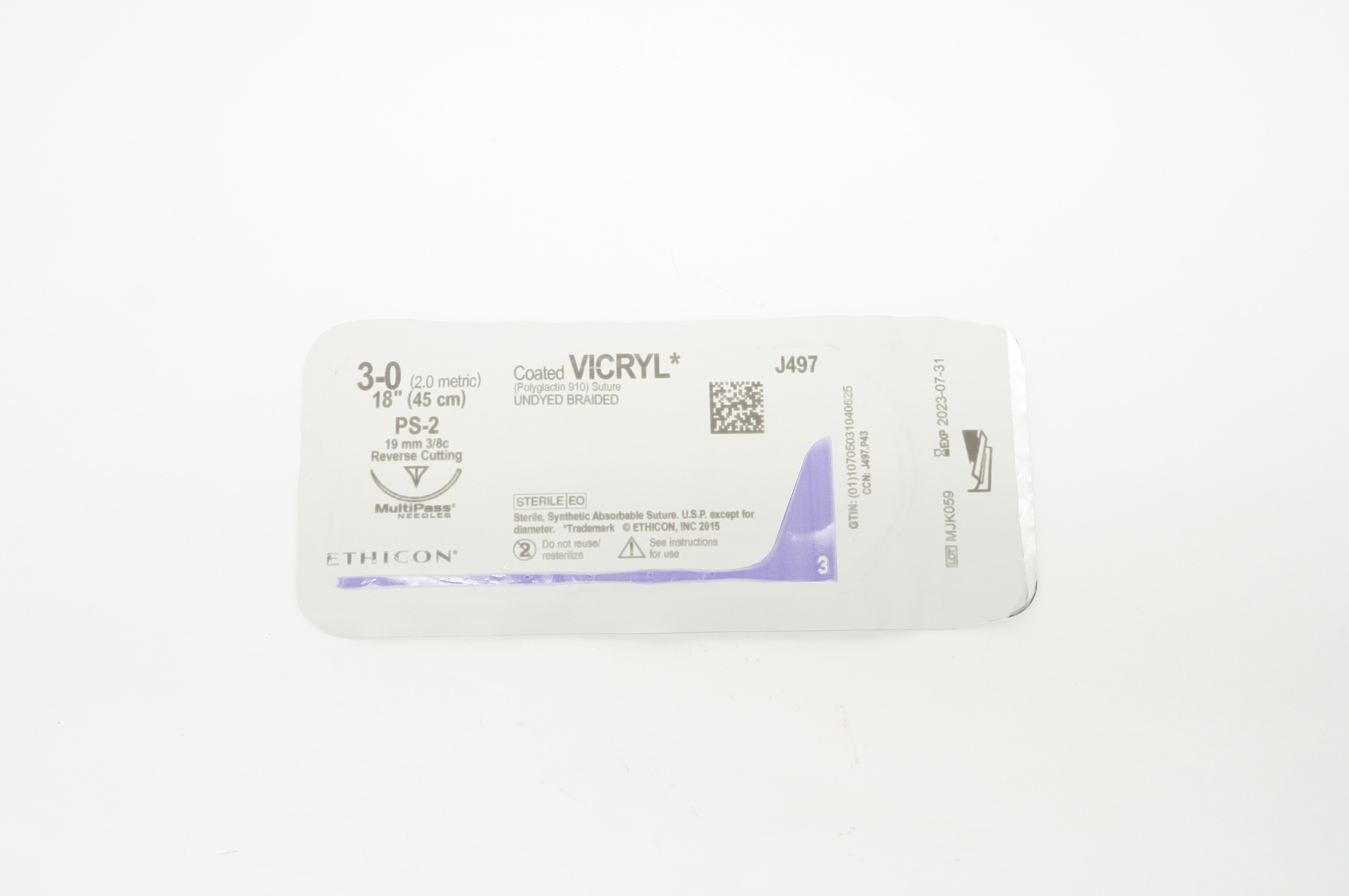 Ethicon J497 3-0 Coated VICRYL Undyed Braided PS-2 19mm 3/8c 18 inch