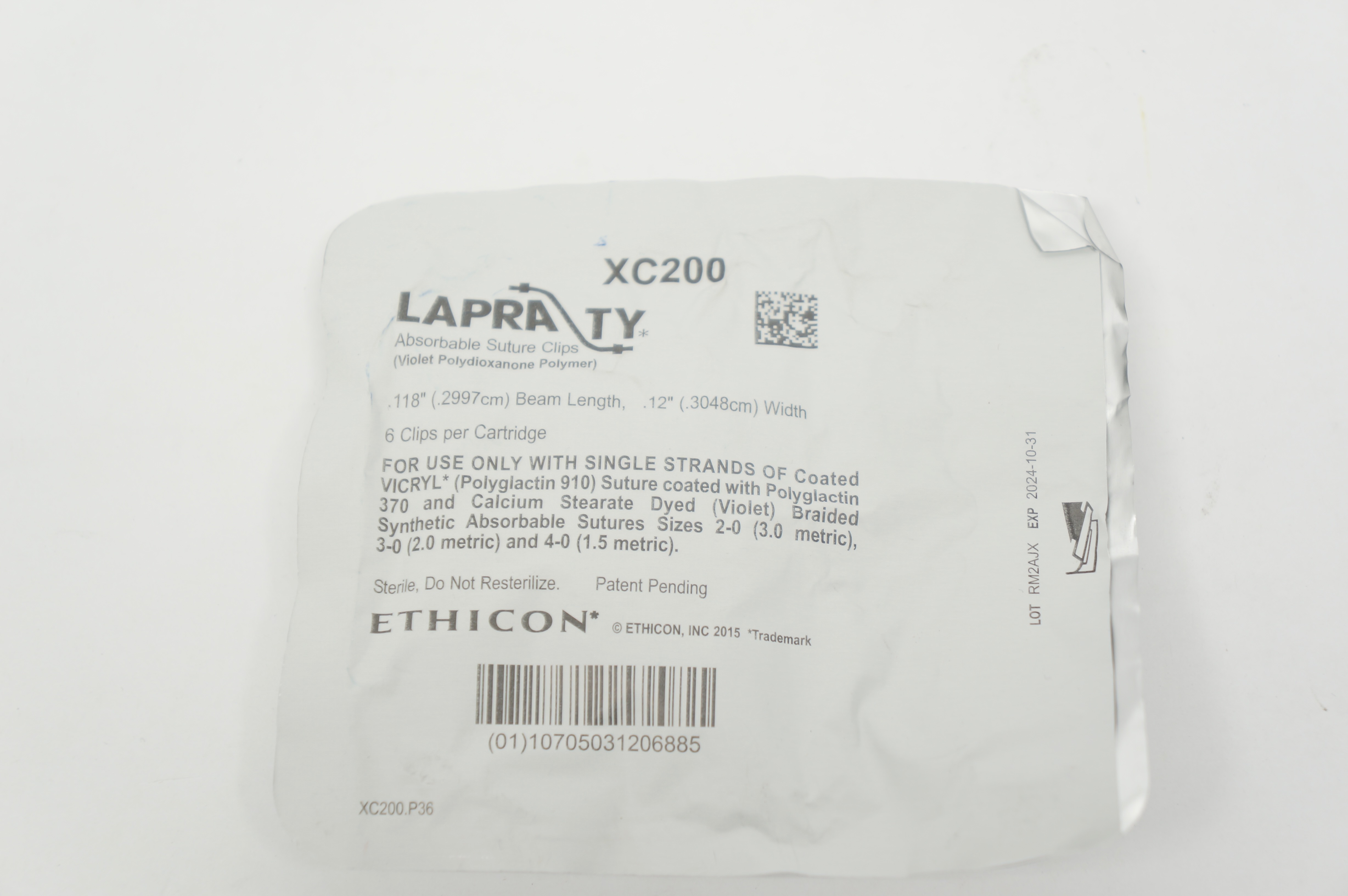 Ethicon XC200 LAPRA TY Absorbable Stre Clips, Beam Length 12inch x 118inch
