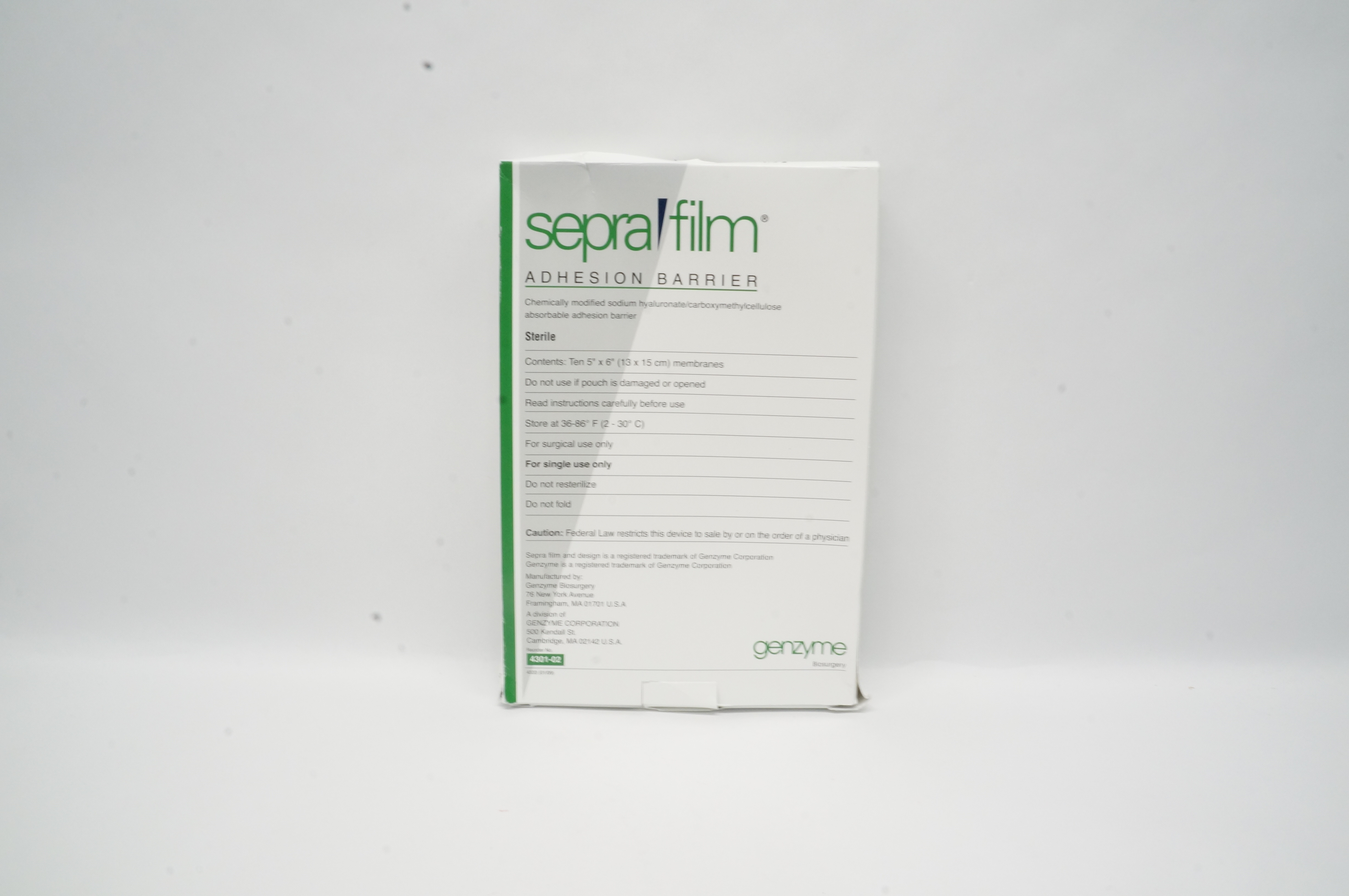 Genzyme 4301-02 Seprafilm Adhesion Barrier 5 x 6 inch Membranes (x) - Box of 10