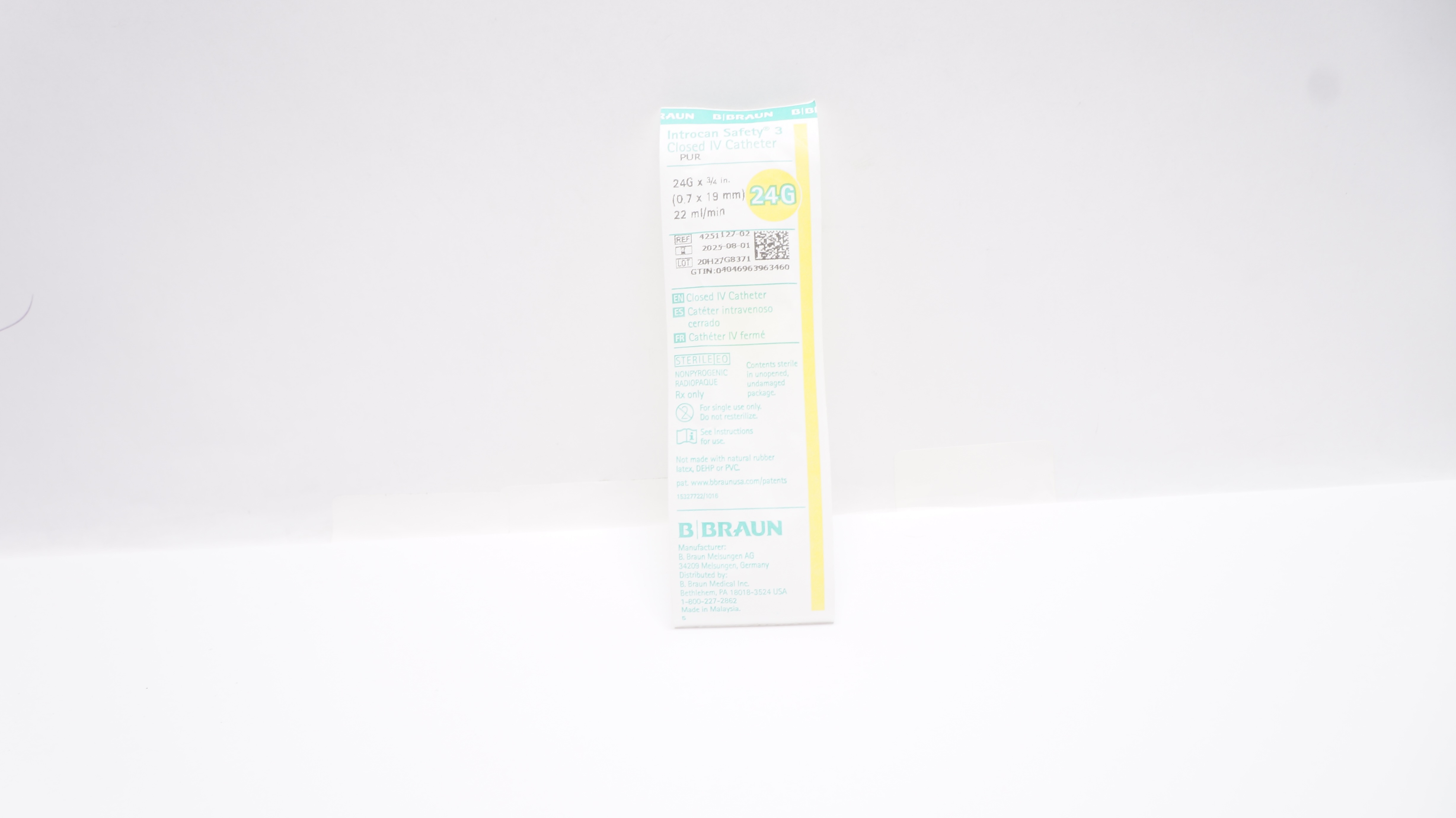 Braun 4251127-02 Introcan Safety 3 Closed IV Cath. 24G x 3/4inch 22ml/min