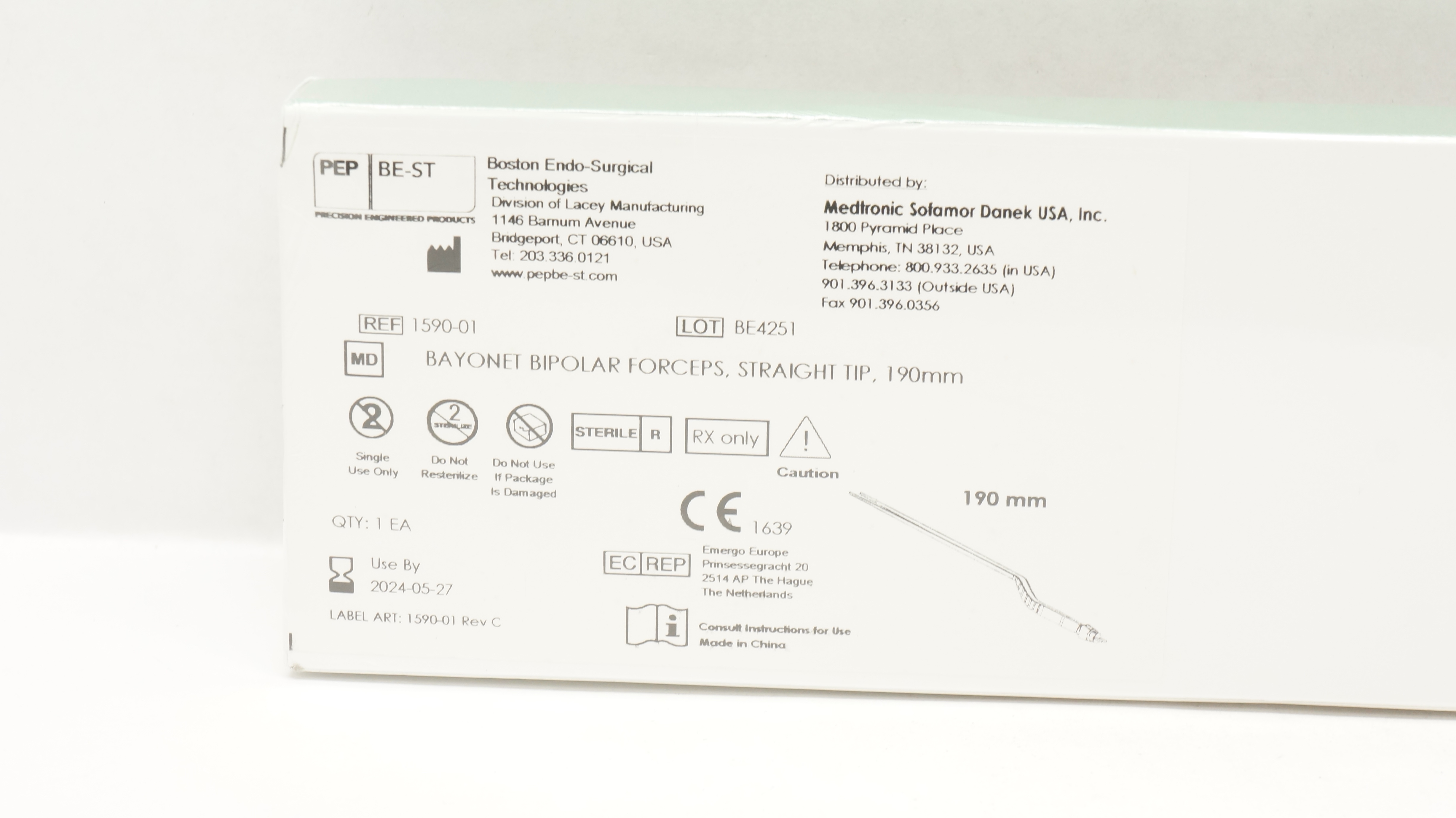 Medtronic 1590-01 Bayonet Bipolar Forceps, Straight Tip, 190 mm (x)