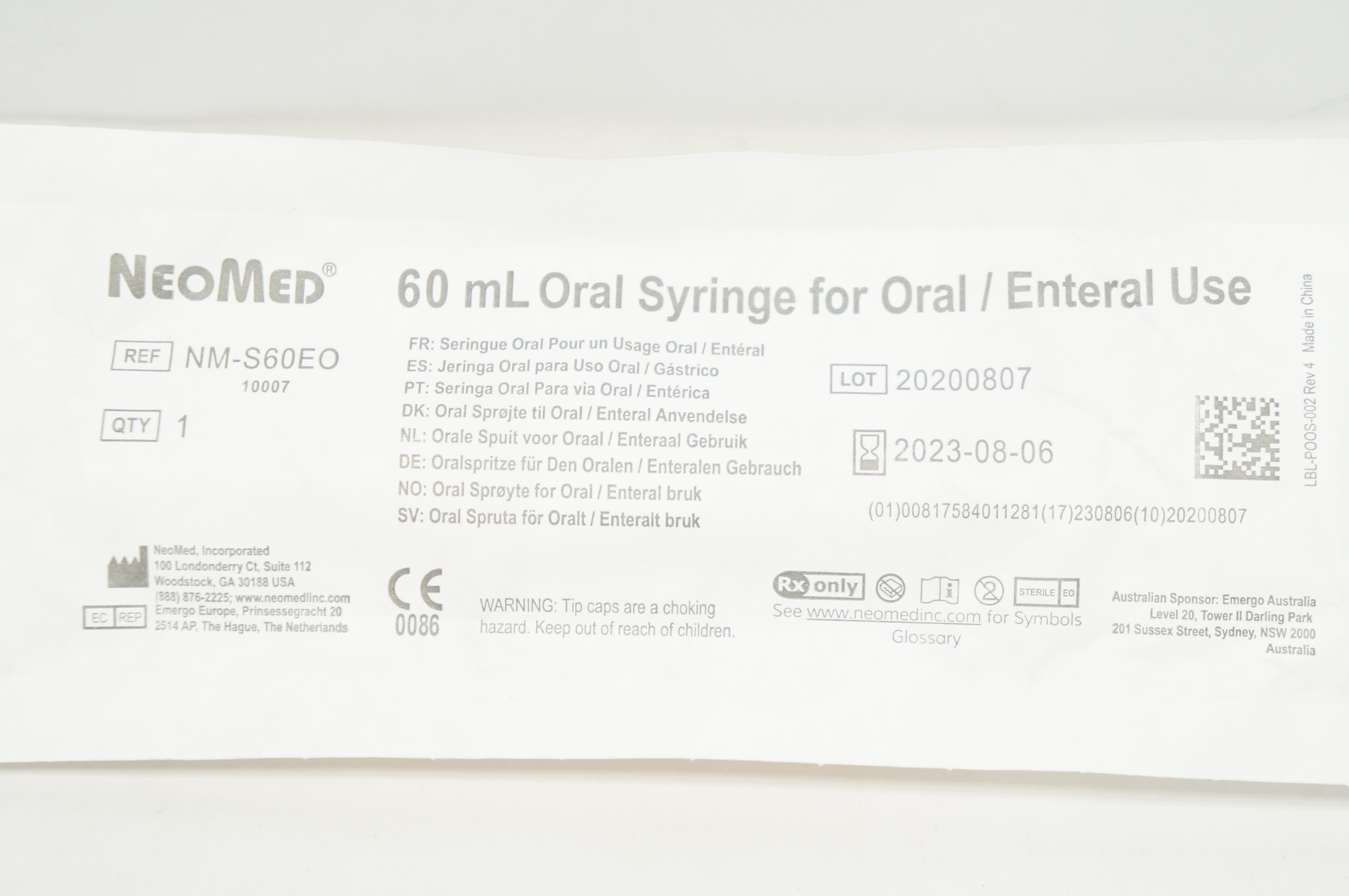 NeoMed NMS60EO Oral Syringe For Oral/Enteral Use 60mL