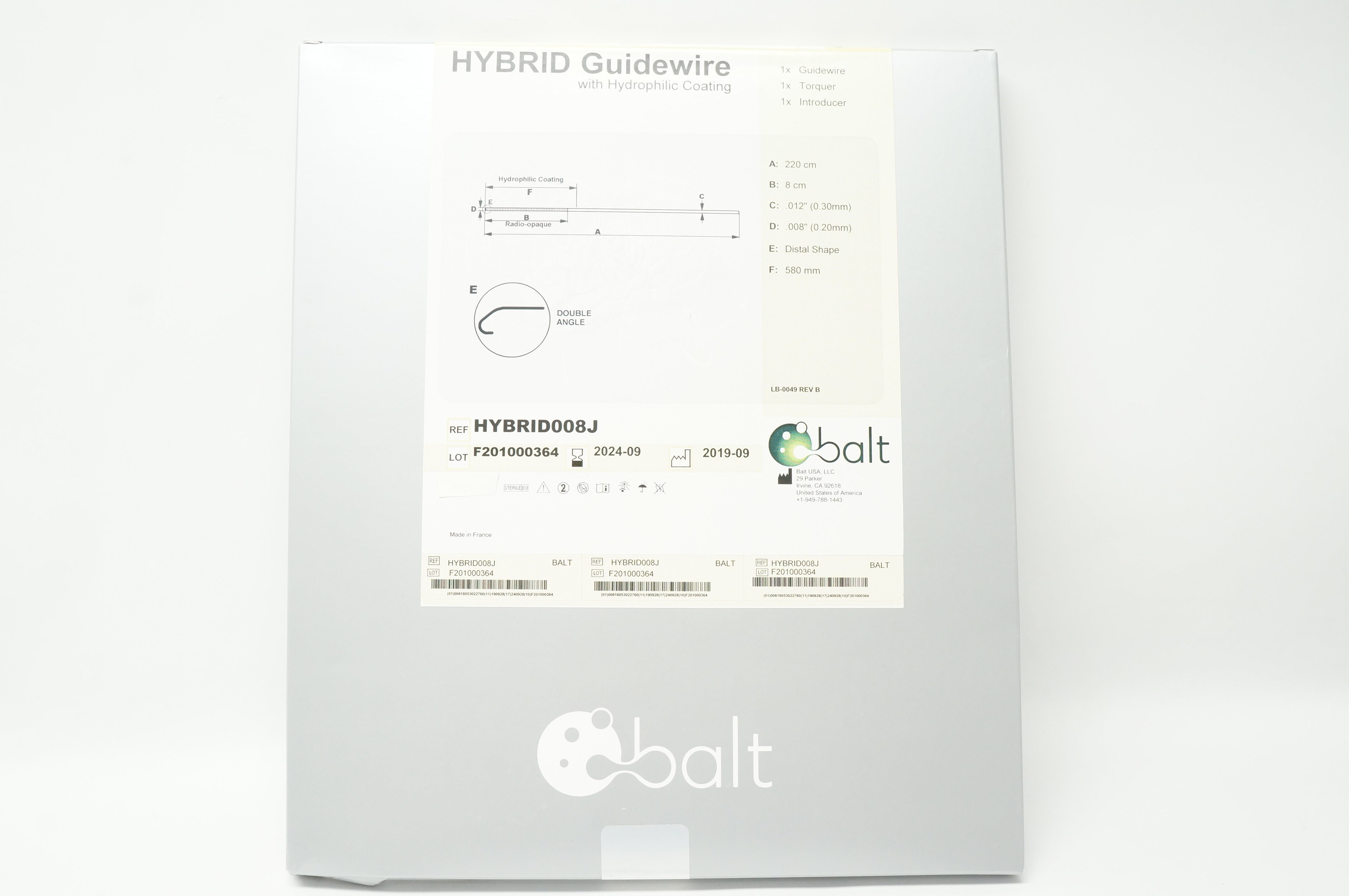 Balt HYBRID008J HYBRID Guidewire With Hydrophilic Coating .012inch x 220cm