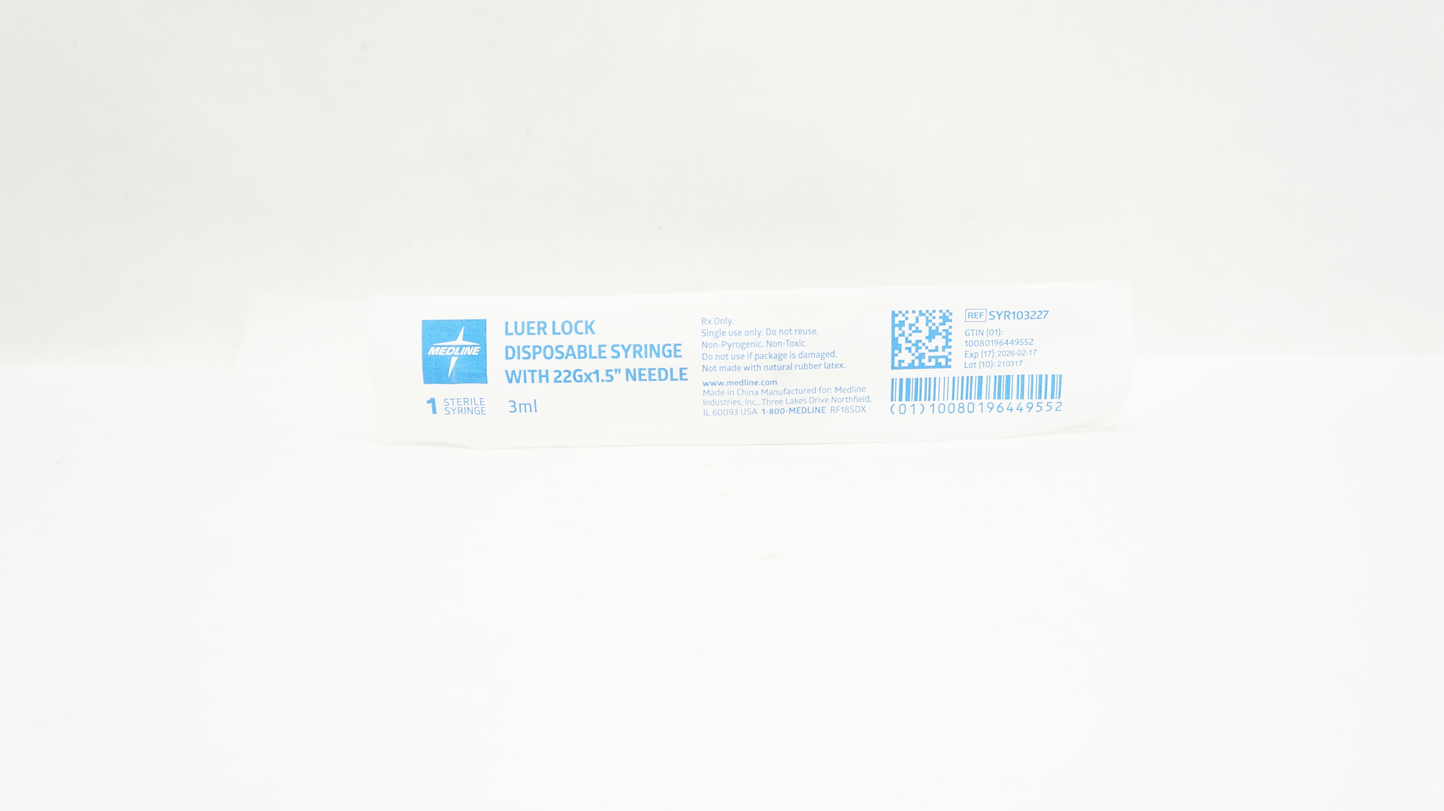 Medline SYR103227 Luer Lock Disposable Syringe With 22G x 1.5inch Ndle